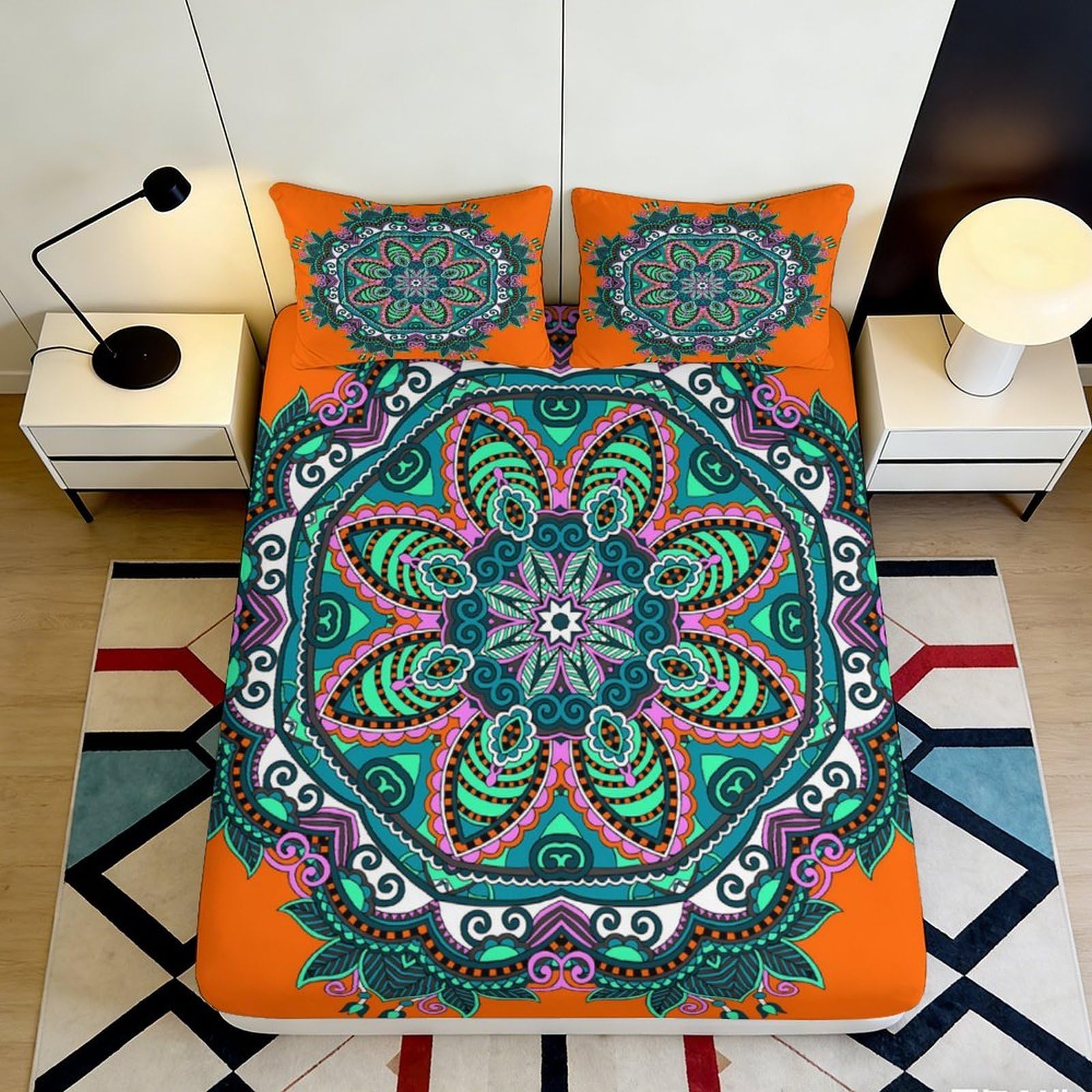 Jqzkxnhpbr Style-2 3D Printed Mandala Floral Fitted Sheet Microfiber Orange Boho Art Mattress Cover For Bedroom Guest Room Decor 90X200x25cm
