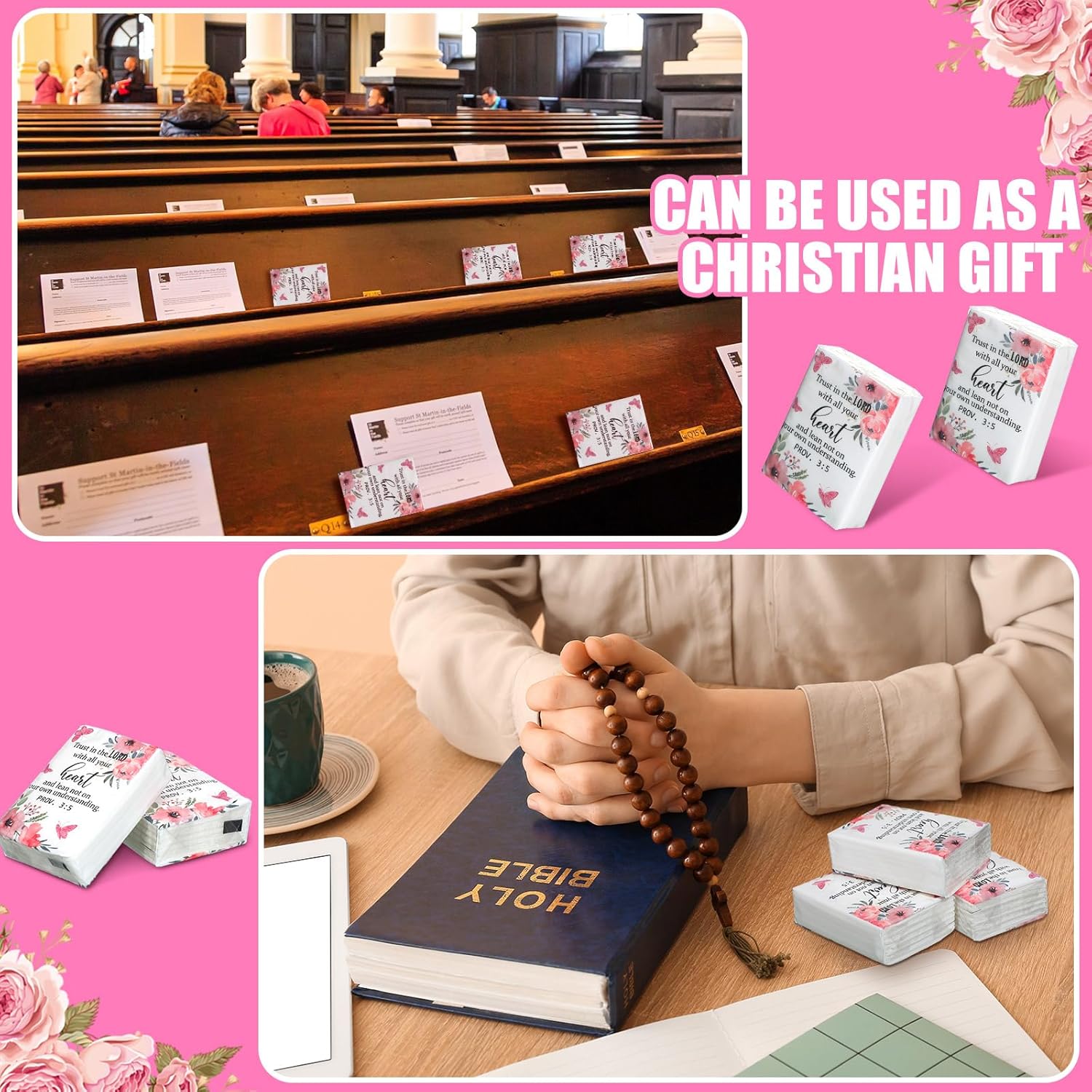 Seajan 120 Pack Christian Pocket Tissues Gifts Bulk 4 Ply Bible Verse Travel Packs Tissue Small Size Individual Pocket Packs Religious Party Favors for Church Wedding Home Travel(Elegant Style) - Image 4