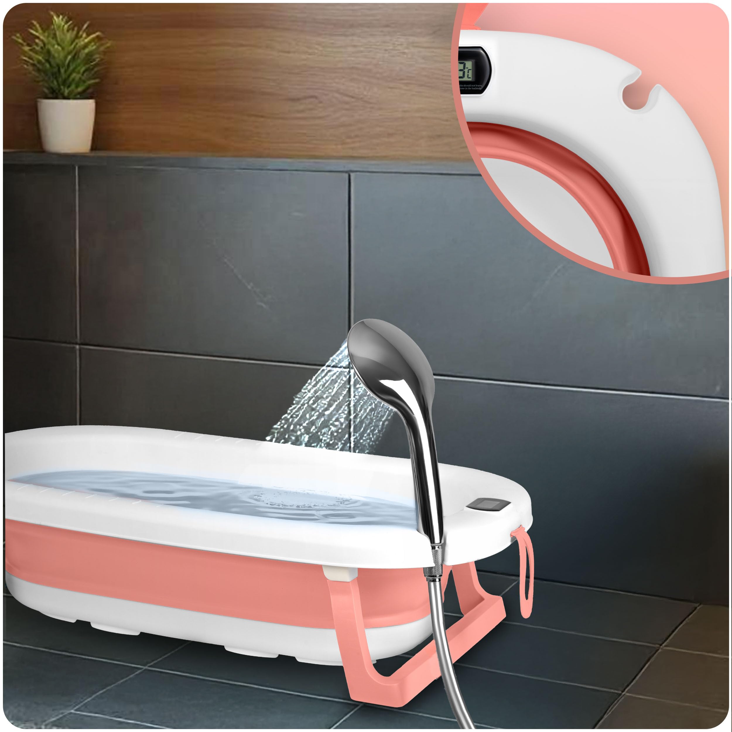 Ricokids Baignoire pour bébé avec support, thermomètre et coussin de bain, pliable, légère et antidérapante, blanc/rose