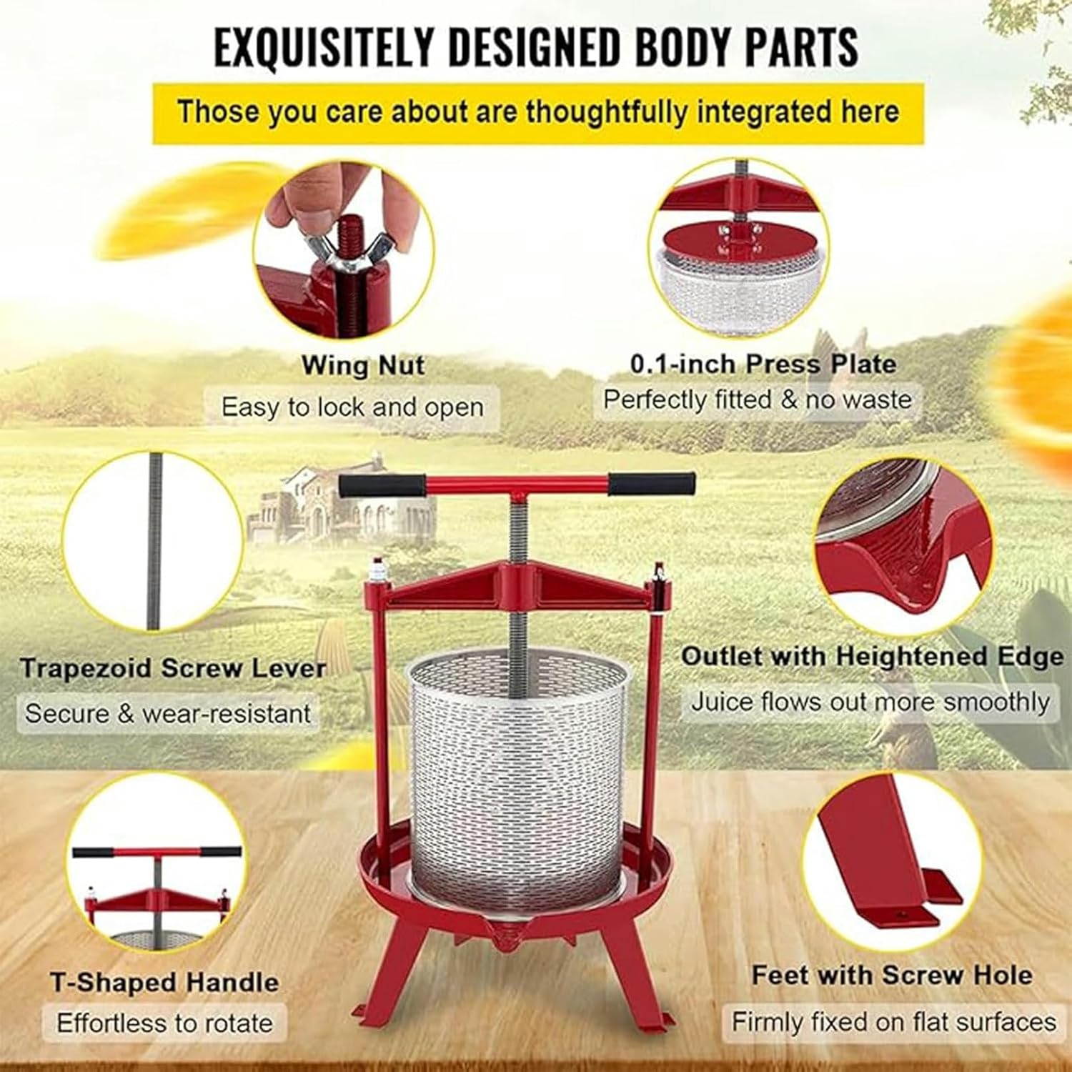 14L Fruit Press, Wine Cider Making, Stainless Steel Hollow Basket, Stable Heavy-Duty Base, Ergonomic T-Handle Honey Press for Orchards and Harvest Season