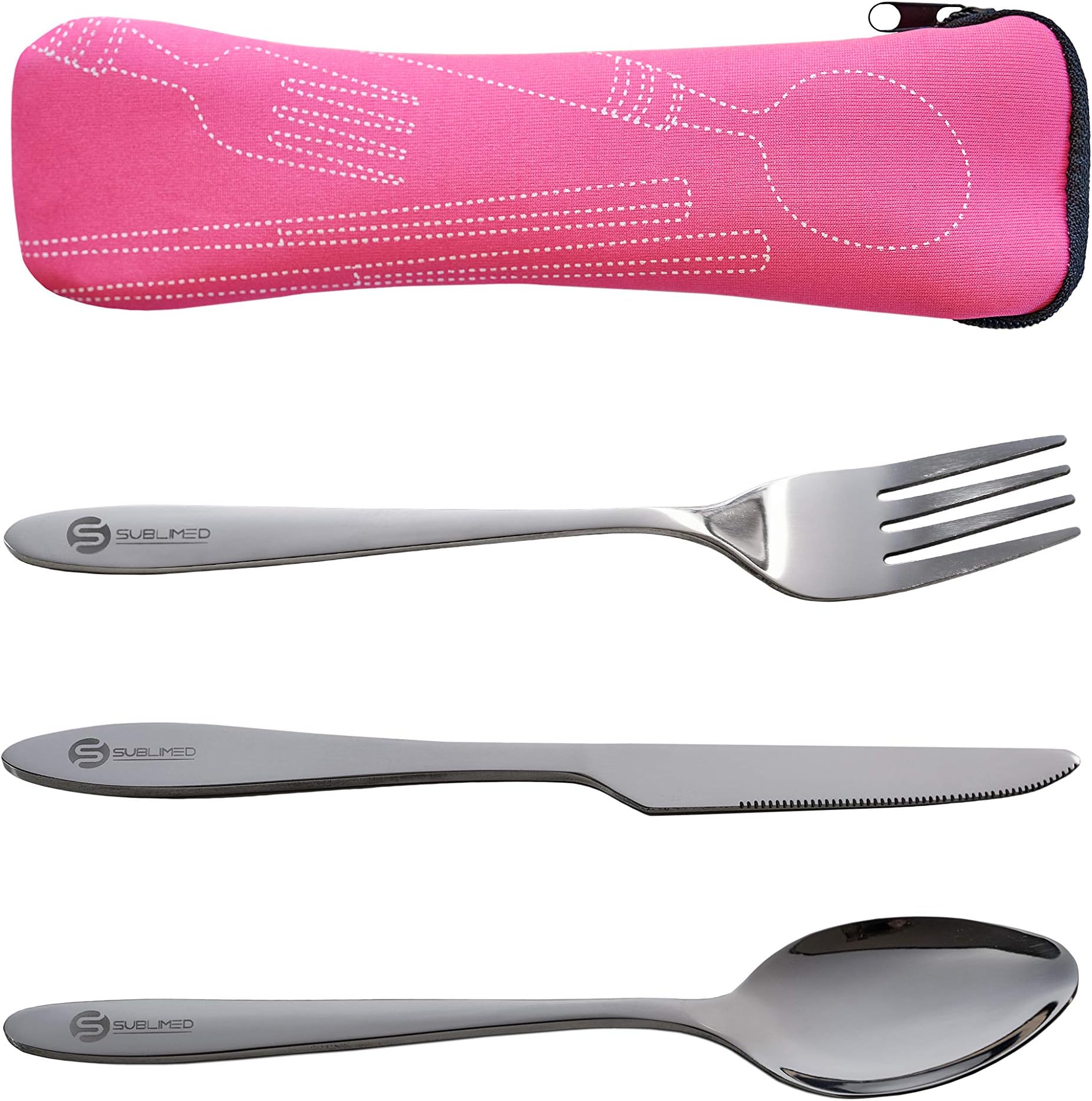 3 Piece Camping Utensil Set, Spoon Fork Knife Combo and Neoprene Case, Lunch Box Silverware Set and Travel Flatware.