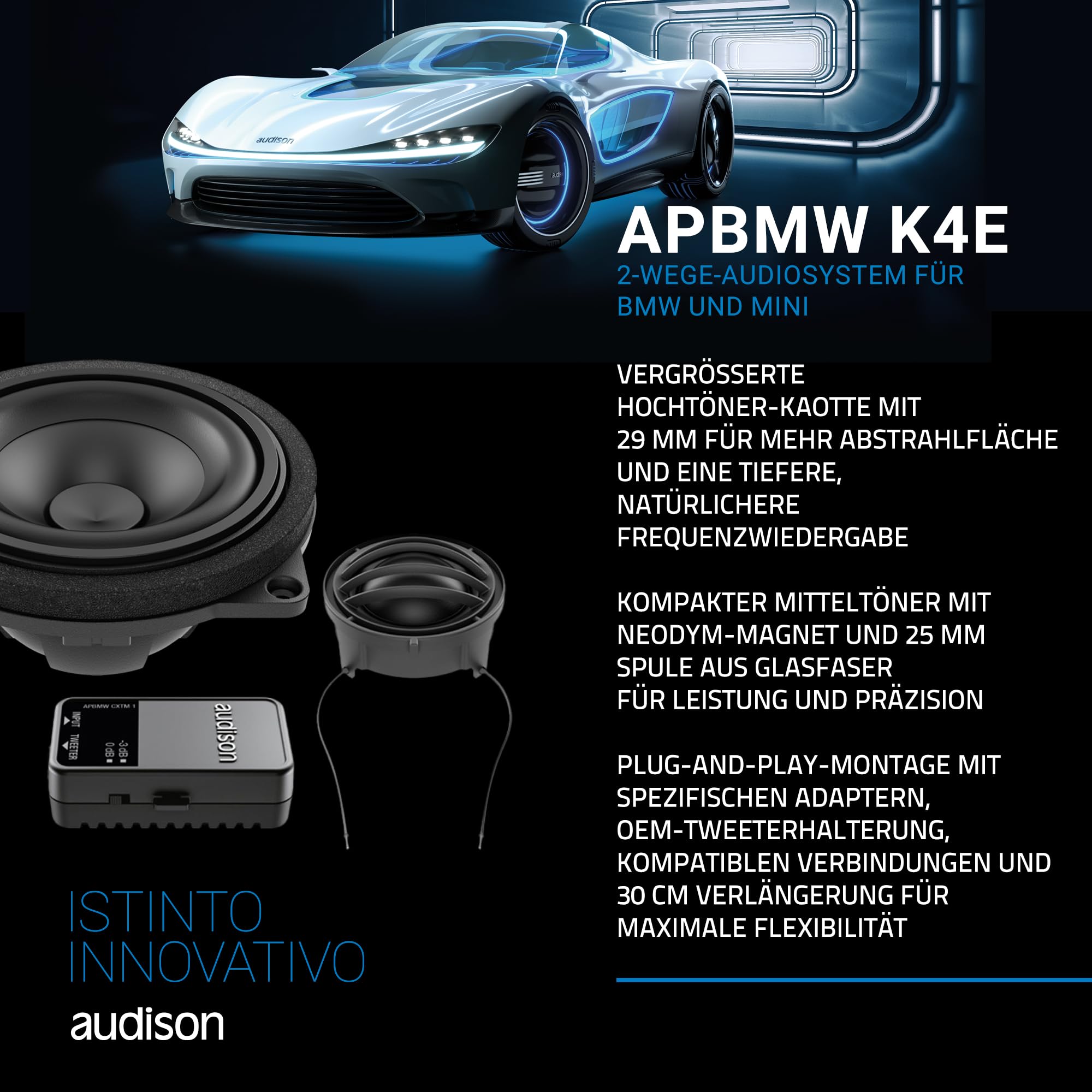 Audison APBMW K4E – 2-Wege Plug & Play Audiosystem für BMW und Mini mit 25 mm Hochtöner, 100 mm Mitteltöner, dedizierter Frequenzweiche und Montagezubehör, kompatibel mit Large Basket, 100W max