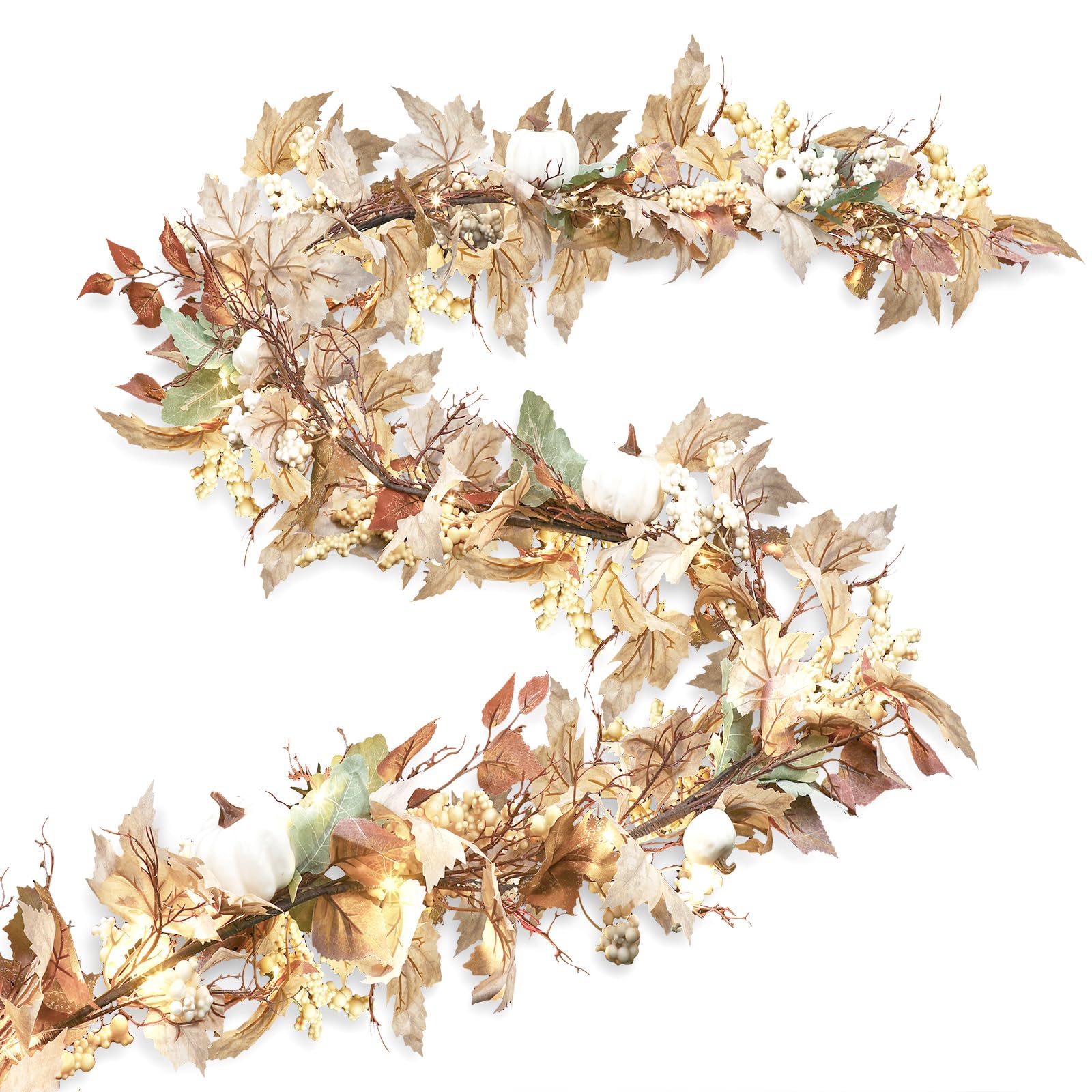 JenPen Fall Decor Fall Garland with Lights 8.8FT Fall Leaves Garland with Pumpkins Berries Autumn Garland for Mantle Thanksgiving Home Table Outdoor Door Indoor Fireplace Wedding