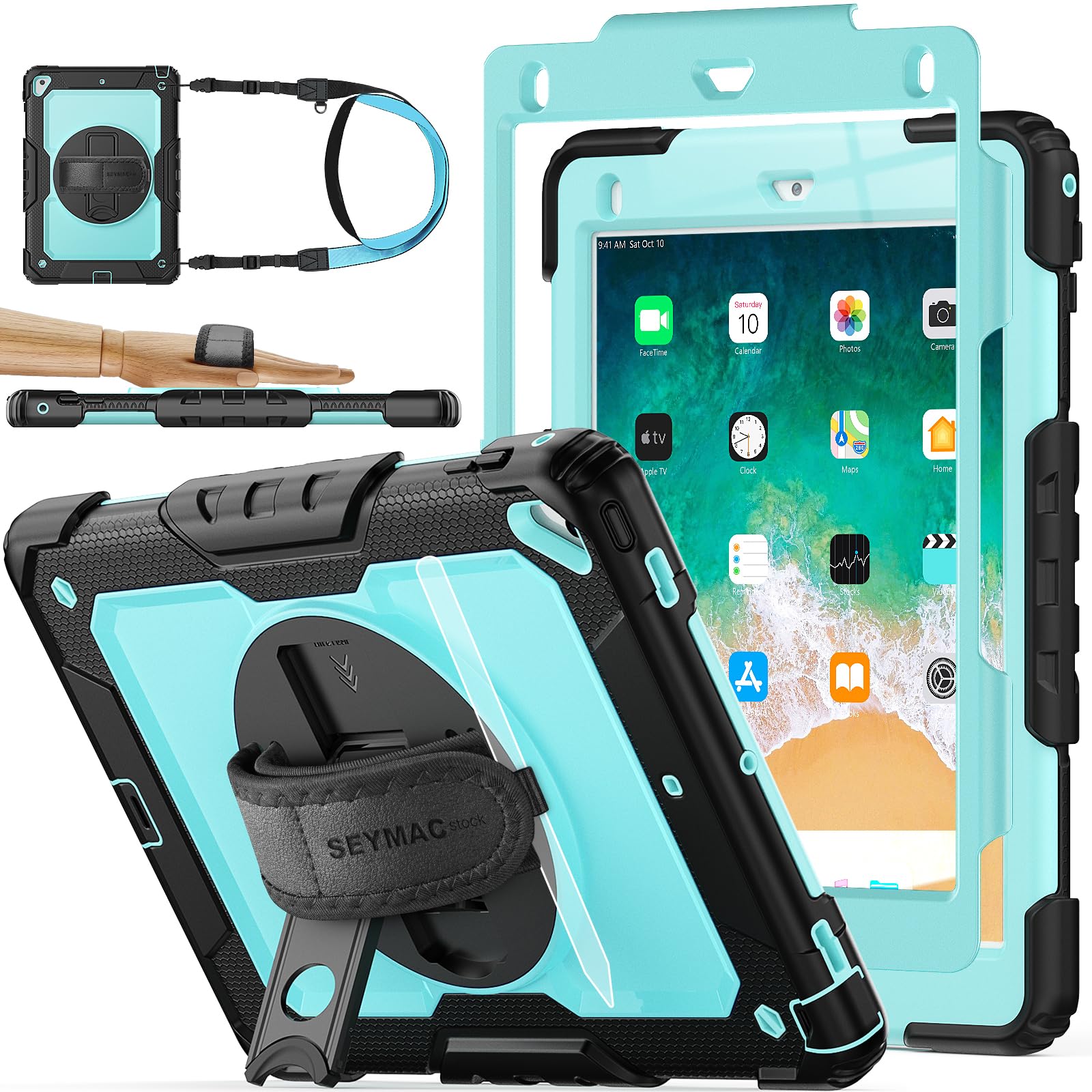 SEYMAC stock Case for iPad 6th / 5th Generation Case/Air 2 / Pro 9.7 inch, Heavy Duty Protective with Screen Protector, with Pencil Holder, Hand Strap, Shoulder Strap, 360 Rotate Stand, Black — Amazon image 10