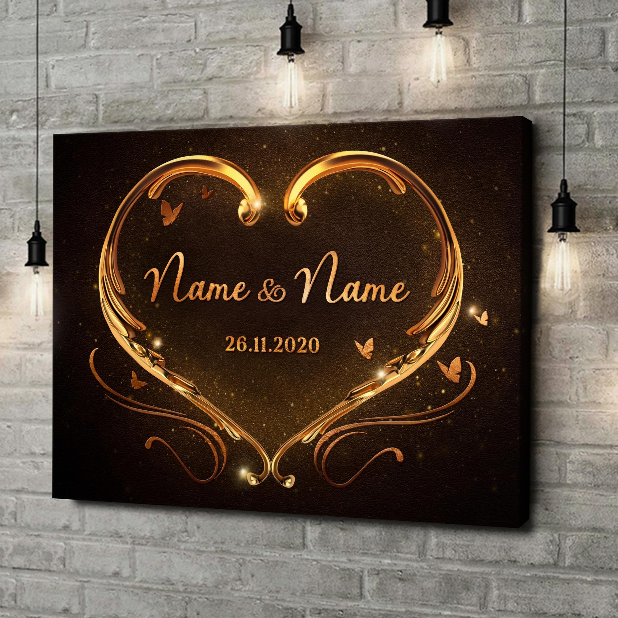 Liebesleinwand | Leinwand mit Namen und Datum | Wandbild gestalten, Jahrestag Geschenk für Frauen und Männer | Goldenes Herz