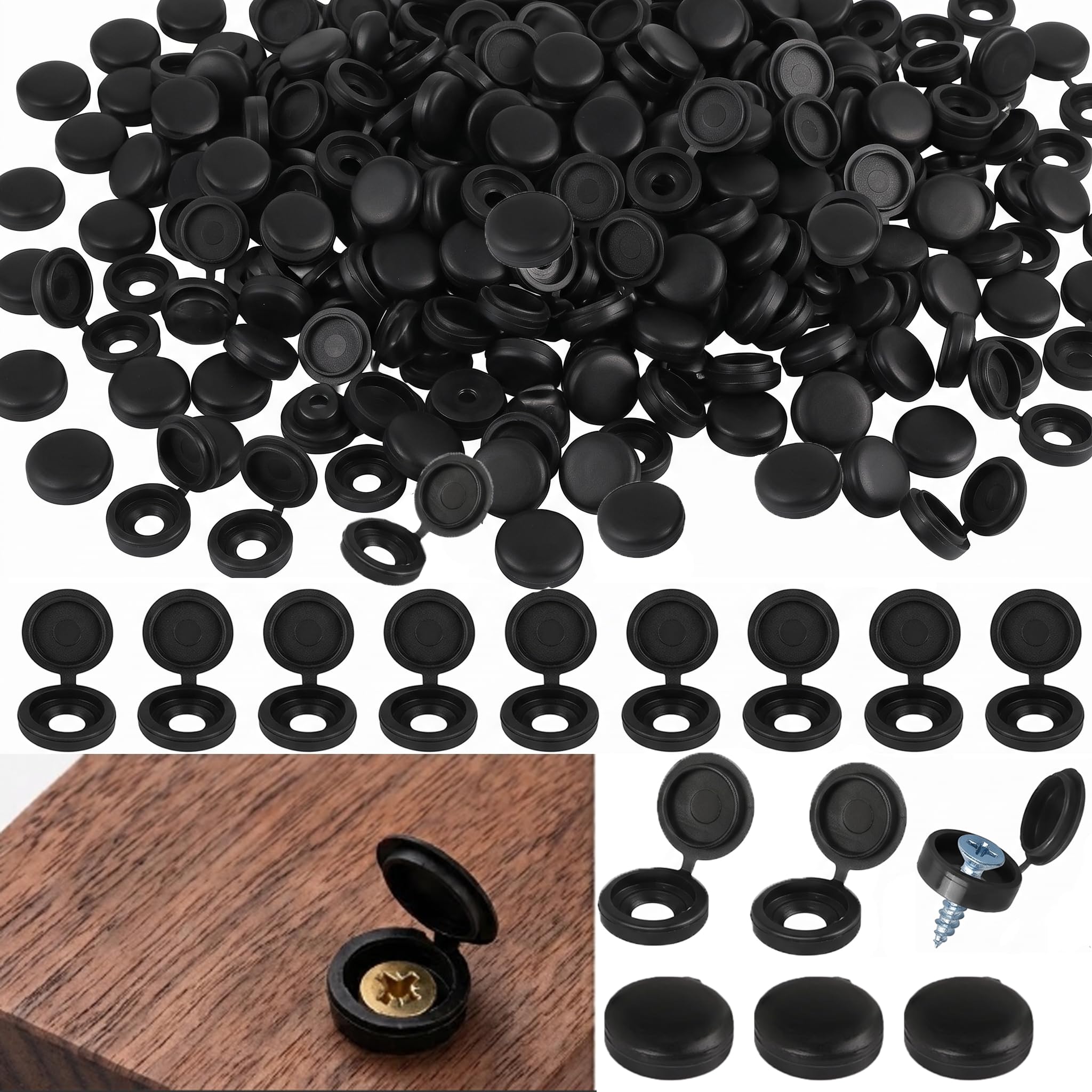 300Pcs Black Hinged Screw Caps - Plastic Screw Caps Snap Screw Covers, 5mm