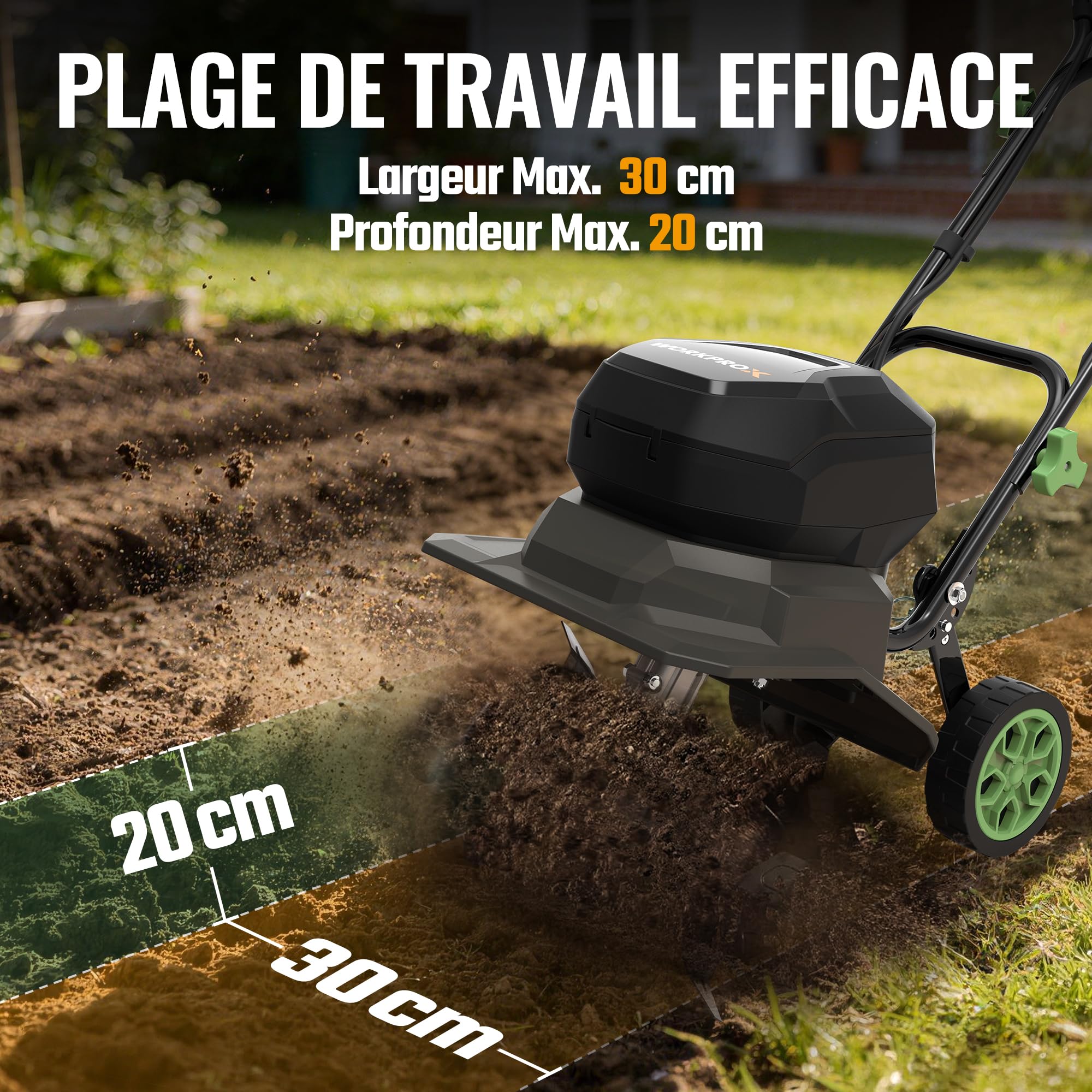 WORKPROX Motobineuse Électrique sans Fil 40V, Largeur 30 cm, Profondeur 20 cm, Batteries 2×4000 mAh, Guidon Pliable, Roues 4 Positions, Compacte et Silencieuse pour Jardin, Potager et Verger
