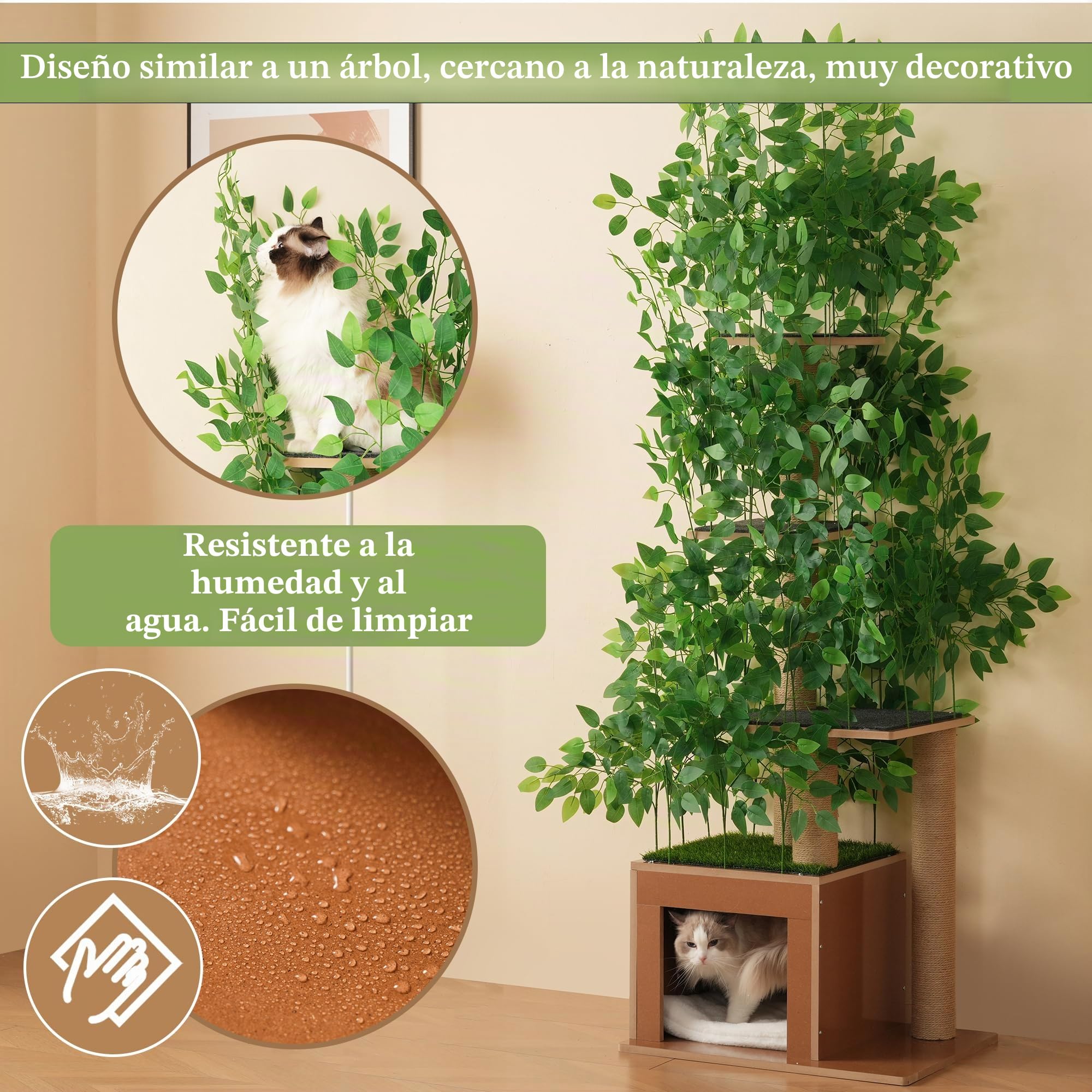 Árbol rascador de 190 cm de alto con 4 plataformas y agujeros para gatos. Material seguro para mascotas, hojas extraíbles, impermeable y resistente a la humedad, adecuado para gatos (verde)