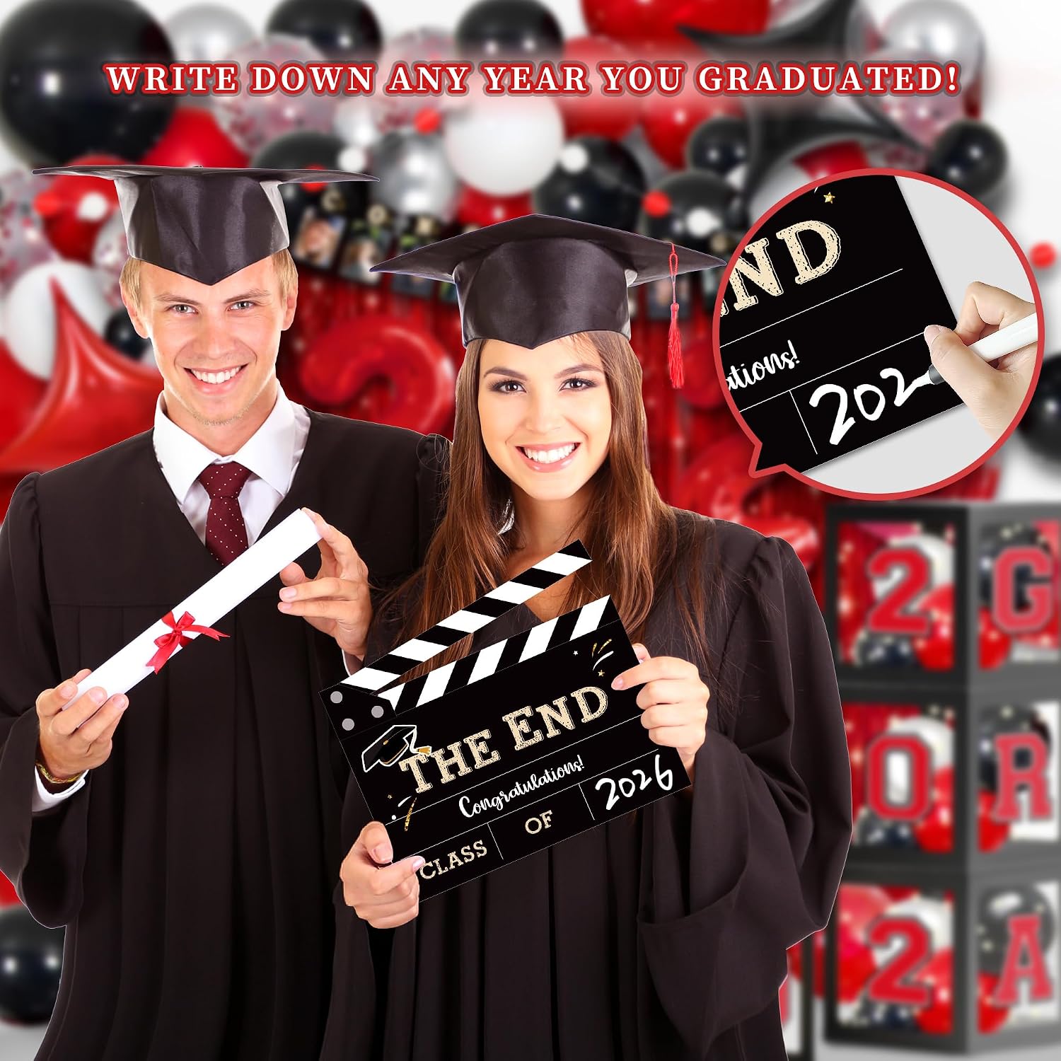 Party Spot！2026 Red and Black Graduation Party Decorations,124 PCS Graduation Decorations Class of 2026,4 PCS Balloons Boxes with LED Light String & Letters 2026 GRAD So Proud of You