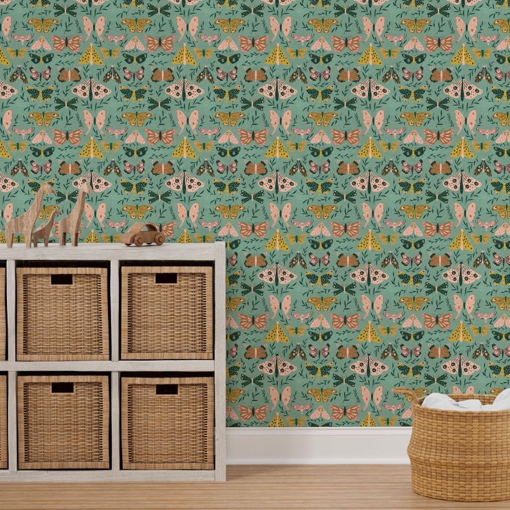 Peel & Stick Wallpaper 3ft x 2ft - Moths Teal Butterfly Modern Gold Mint Moth Mod Custom Removable Wallpaper by Spoonflower