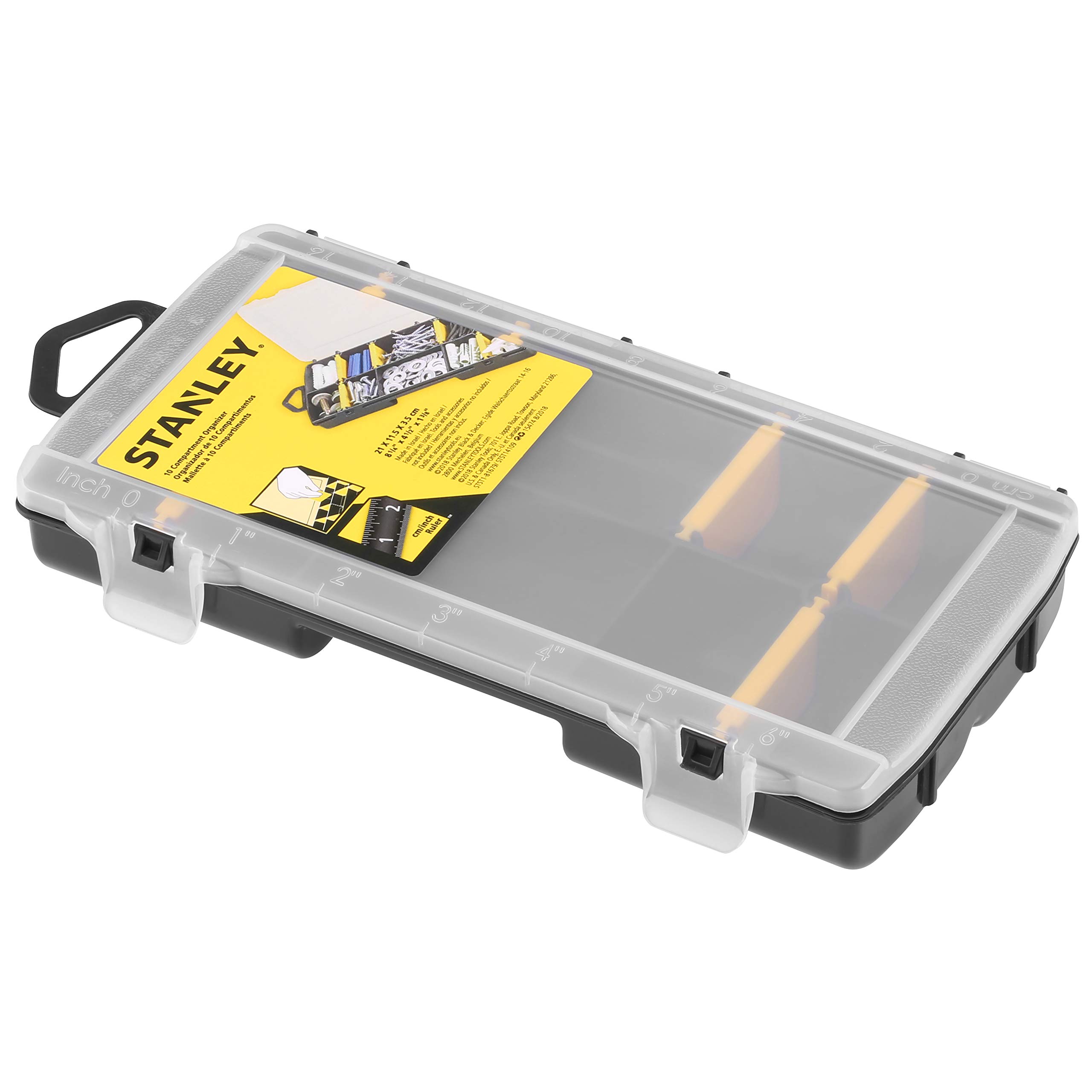 STANLEY Organizador básico con 10 compartimentos, divisores extraíbles, personalizable, regla marcada en la tapa, polipropileno de alto impacto, dimensiones 21x11,5x3,5 cm, STST81679-1