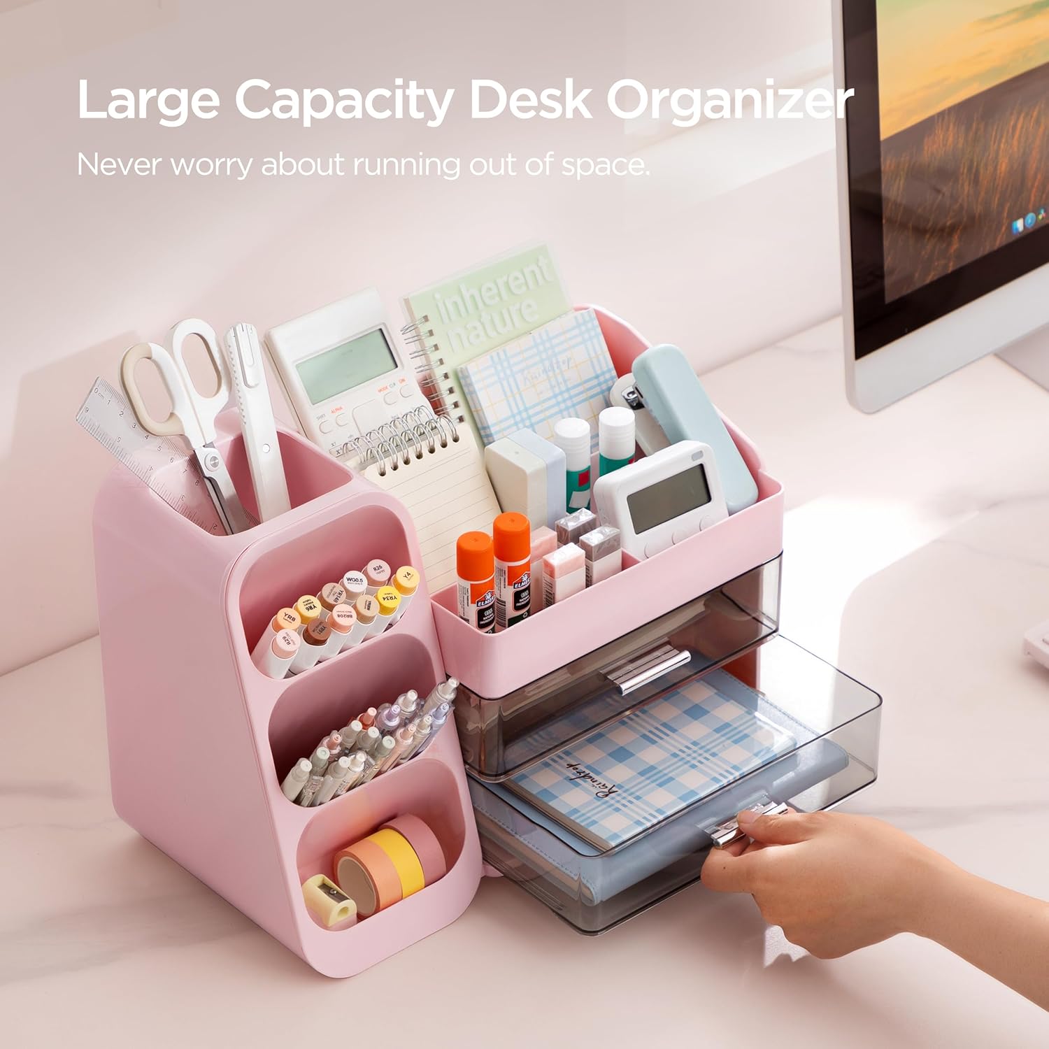 HBlife Desk Organizer with Pen Pencil Holder for Desk, Pen Organizer with 2 Drawers, Desk Organizers and Accessories with 4 Compartments, Desktop Storage for Office Home School Art Supplies, Pink