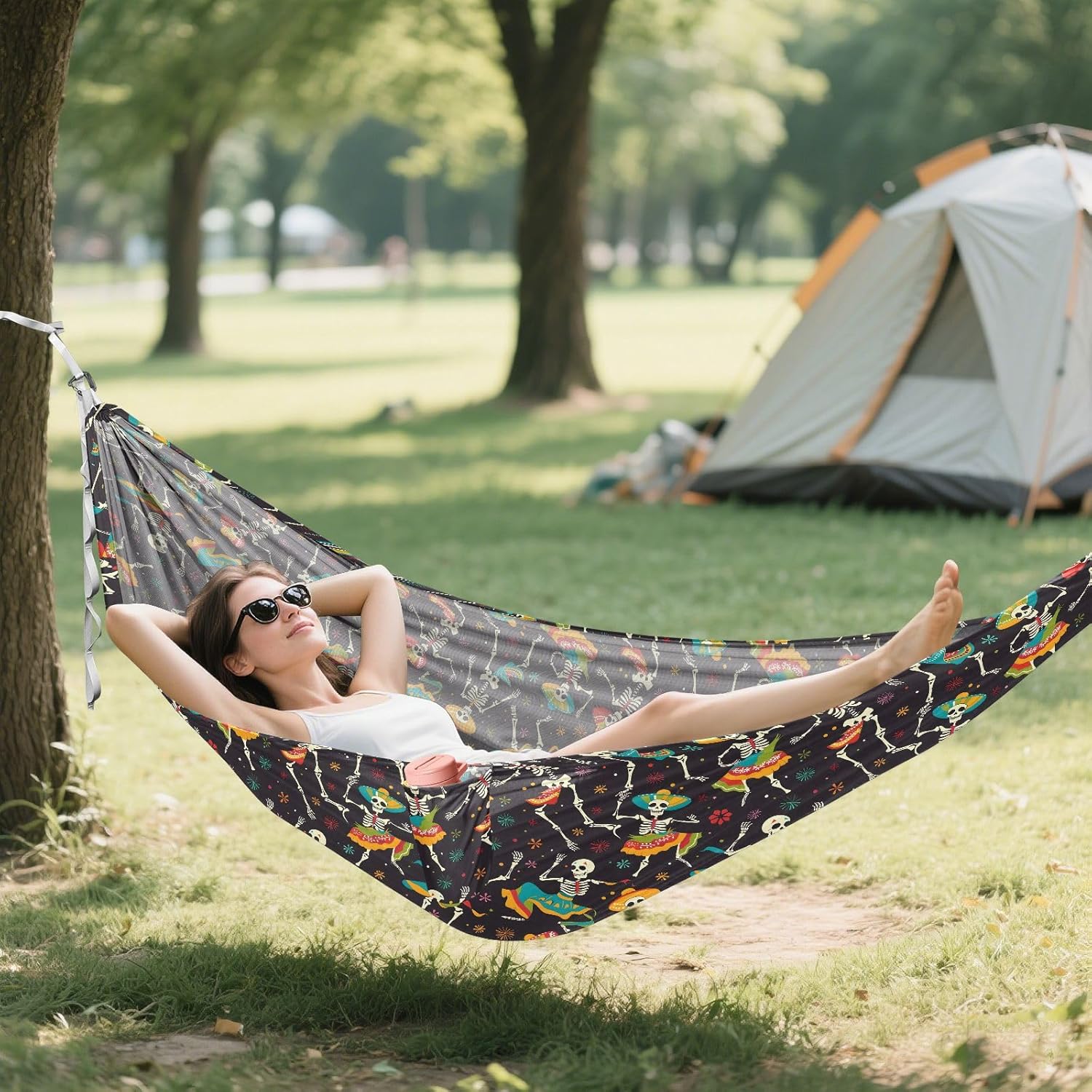 ALAZA Suagr Skulls Day of Dead Camping Hammocks Single or 2 Person 500 lbs Portable Parachute Travel Hammock w/Tree Straps for Hiking Backpacking Indoor Outdoor