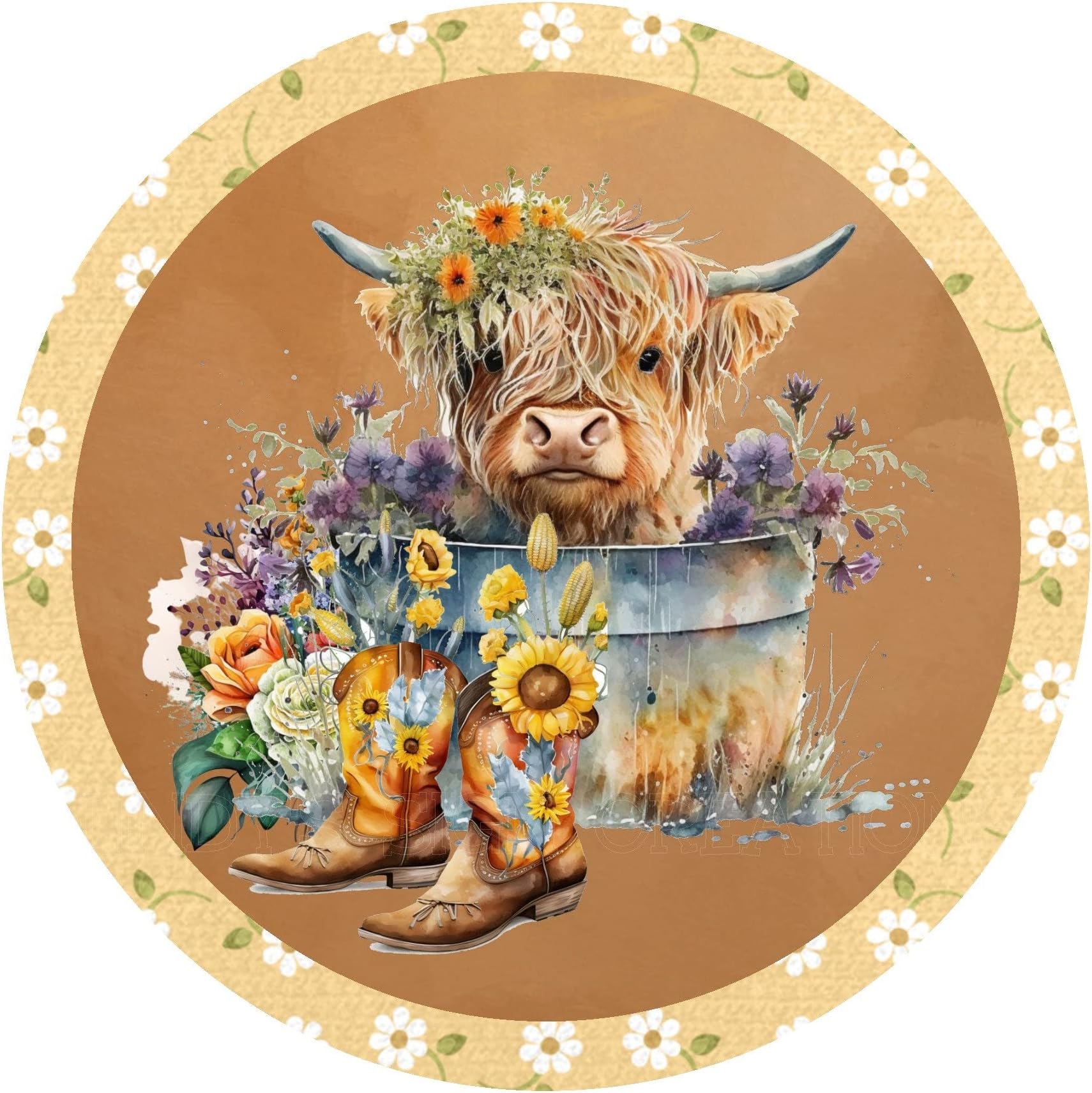Retro Personalized Round Metal Sign Highland Cow in Planter Wreath Sign, Metal Wreath Sign, Signs for Wreaths, Round Wreath Sign, lindys Sign Creations 12x12 inch