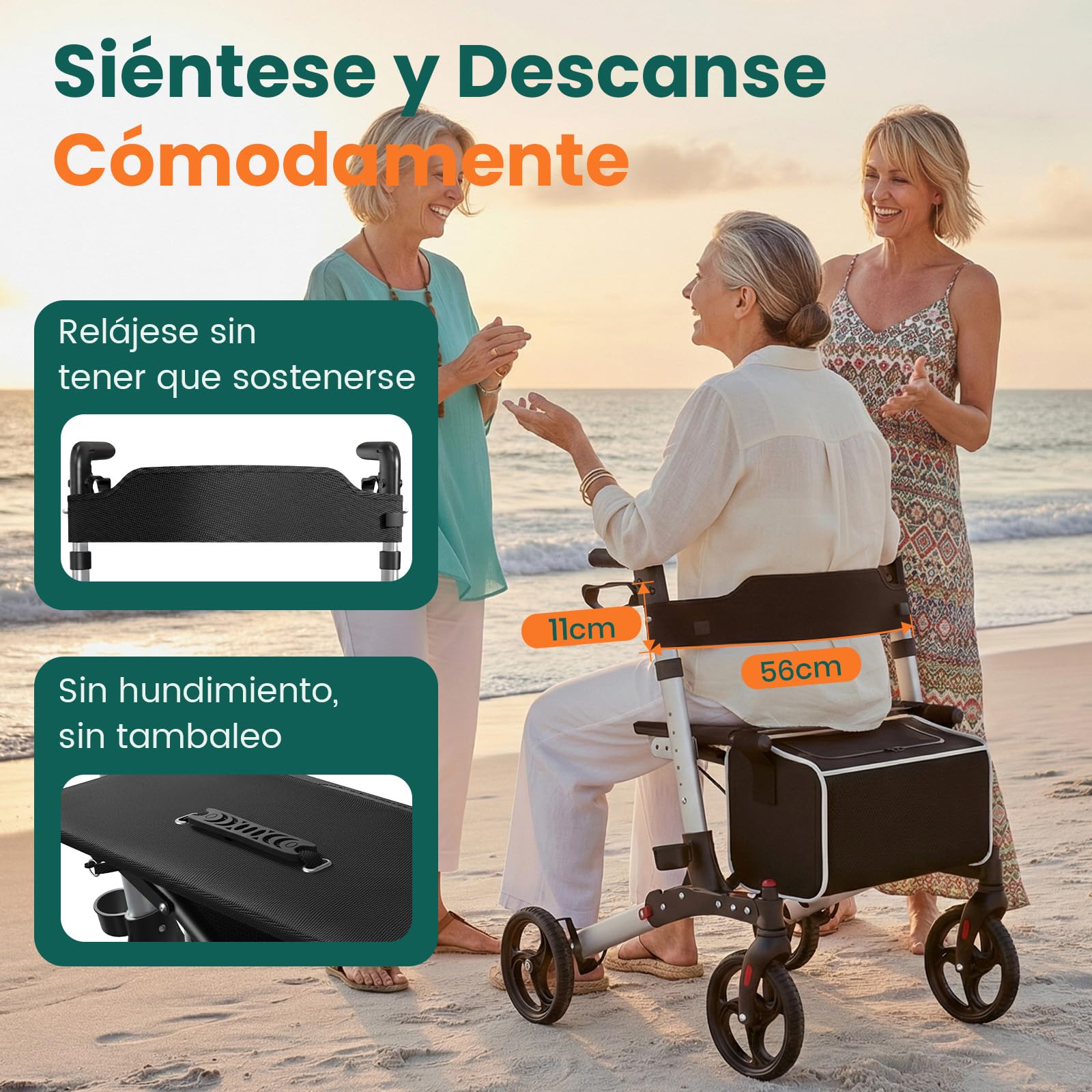 Andador con asiento, Andador de 4 ruedas plegable para adultos, Soporta hasta 136 kg, Sistema de doble freno, Ruedas de 8"", 6 niveles de altura ajustable, Bolsa extraíble y Respaldo – Plata