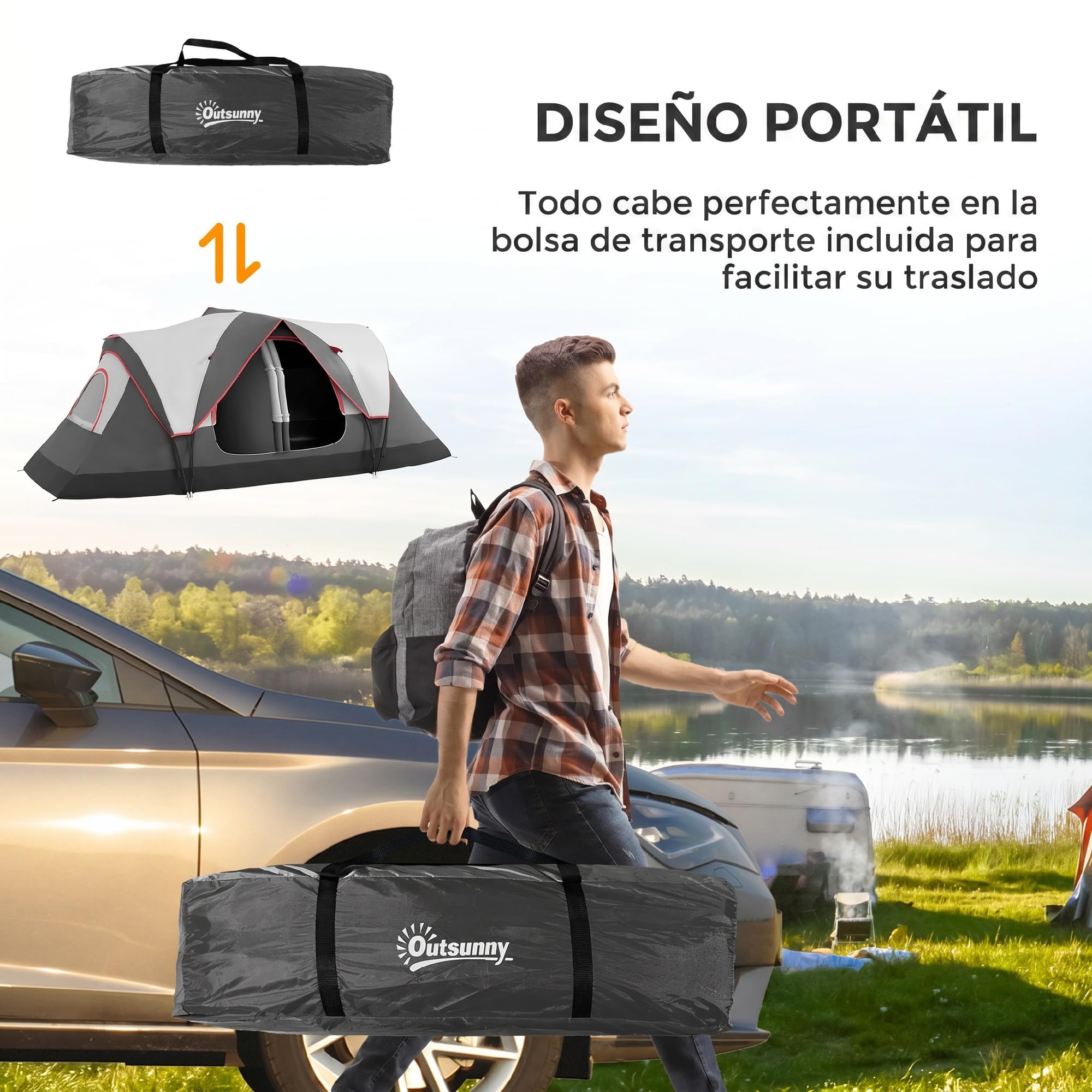 Outsunny Tienda de Campaña Familiar para 6-8 Personas Tienda de Camping Plegable con 2 Habitaciones y Bolsa de Transporte Impermeable para Senderismo 450x215x180 cm
