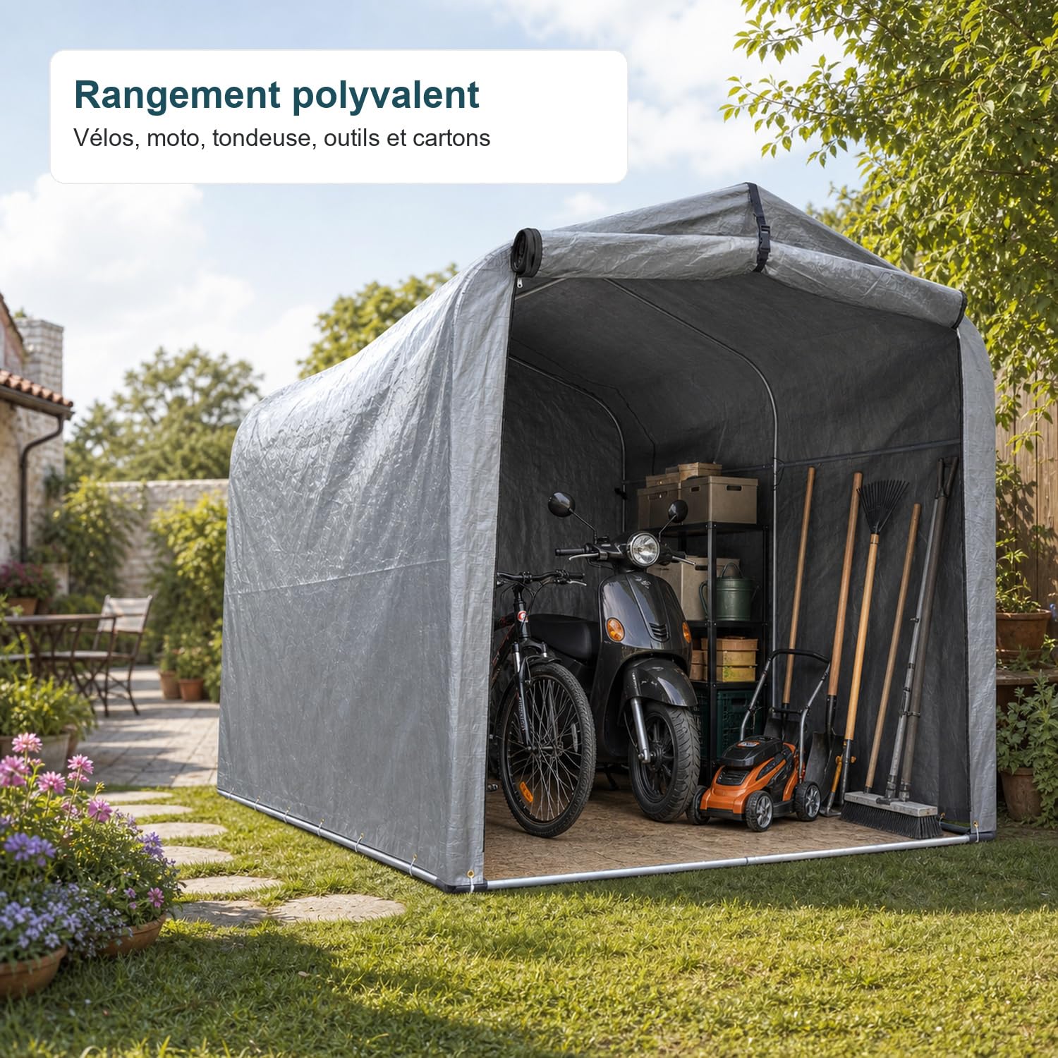 Garage À Vélos Extérieur: Abri de Rangement pour 1 à 3 Vélos ou 1 Moto, Cadre en Acier Galvanisé, 4 Piquets en U, 220 x 157 x 195 cm