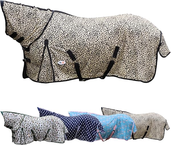 RL24 - Fliegendecke mit Halsteil & Kreuzgurt Design Leopard – Ekzemerdecke mit verstellbaren Kreuzgurten & Schweiflatz – Decke zum Schutz vor Insekten – Outdoor-Pferdedecke – 125 cm