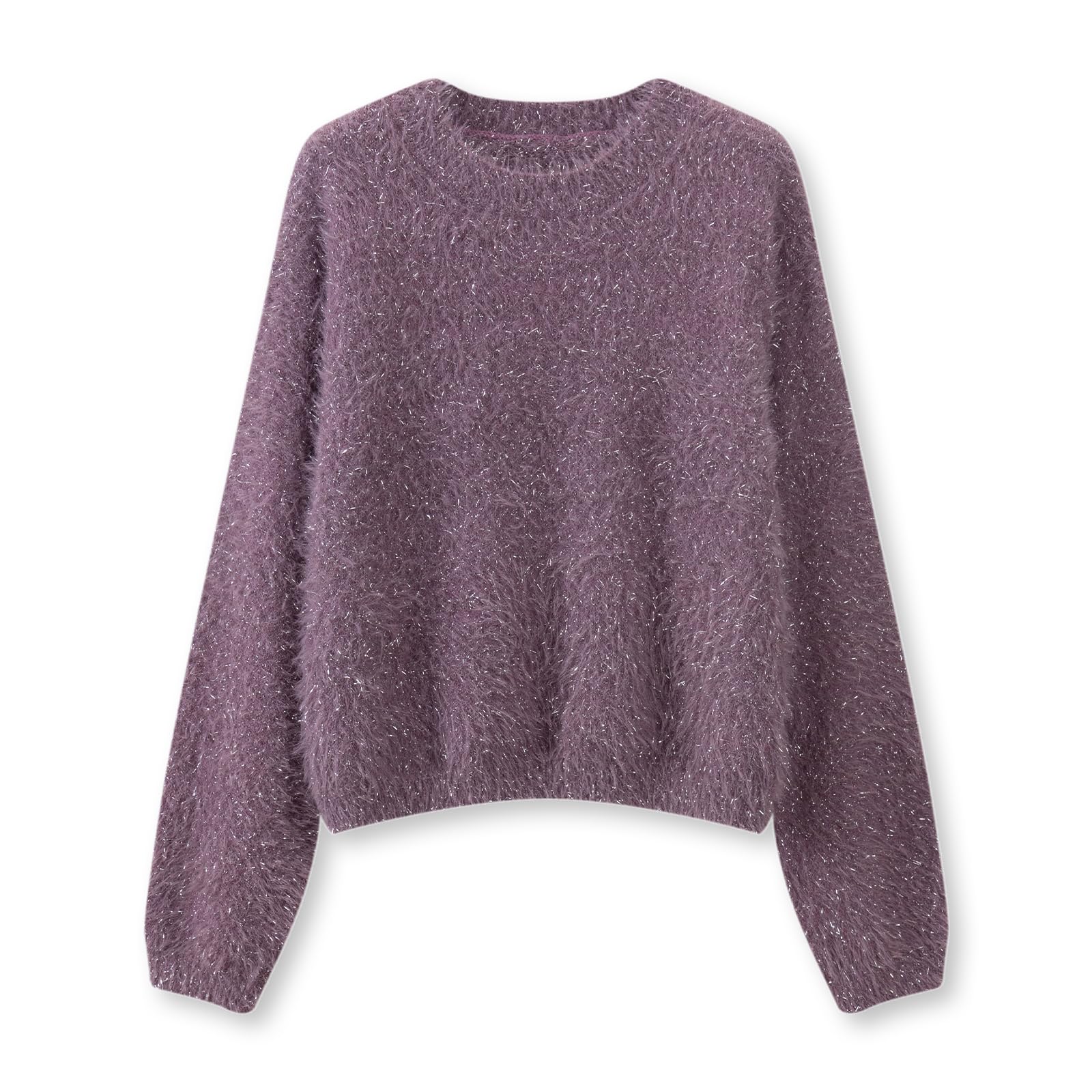 Womens Fuzzy Knit Sweater Purple Plush Eyelash Yarn Long Sleeve Winter Pullover with Sparkle Detail