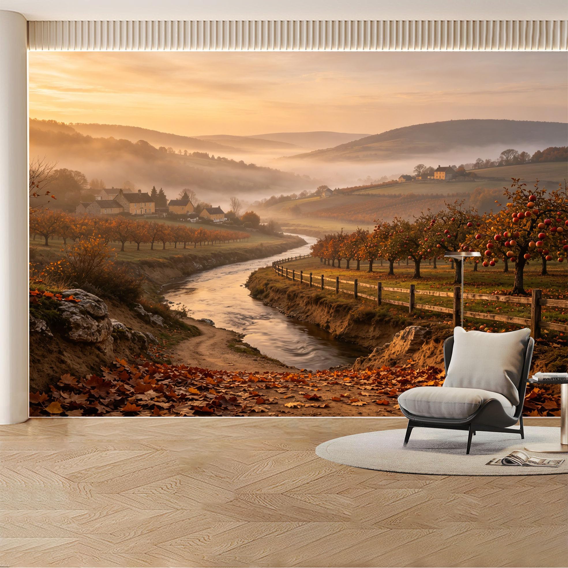 Custom Wall Mural Wallpaper Autumn River Landscape Nature Wall Decor Misty Sunset Rustic Removable SelfAdhesive Large Photo for Living Room， Bedroom， Office