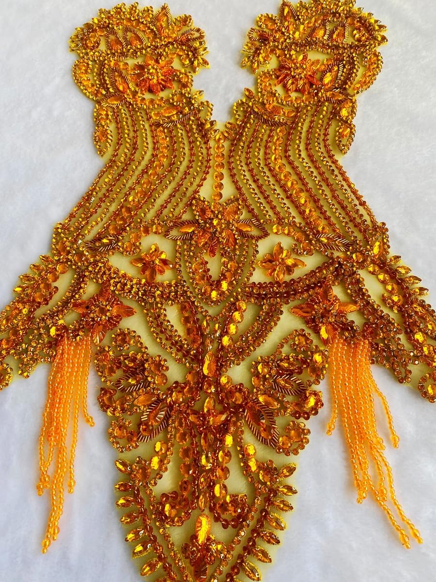 Handmade Beautiful Large Bodice Applique Pure Handsewing Patch with Crystal and Beads for Dresses DIY Acceessories (Gold)