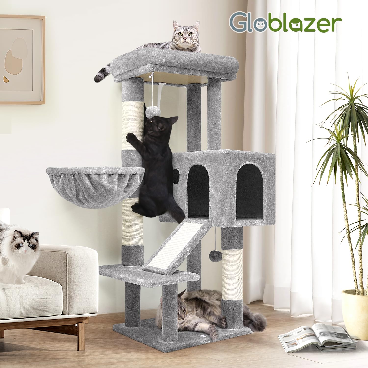 Globlazer Rascador para Gatos con Grandes Nidos Plataformas Acolchada Cesta Tabla Rascar Sisal Peluche Juguete, Árbol Rascador Estable Alto 116 cm para Gatito Grande Gato Viejo (S45, Gris Claro)