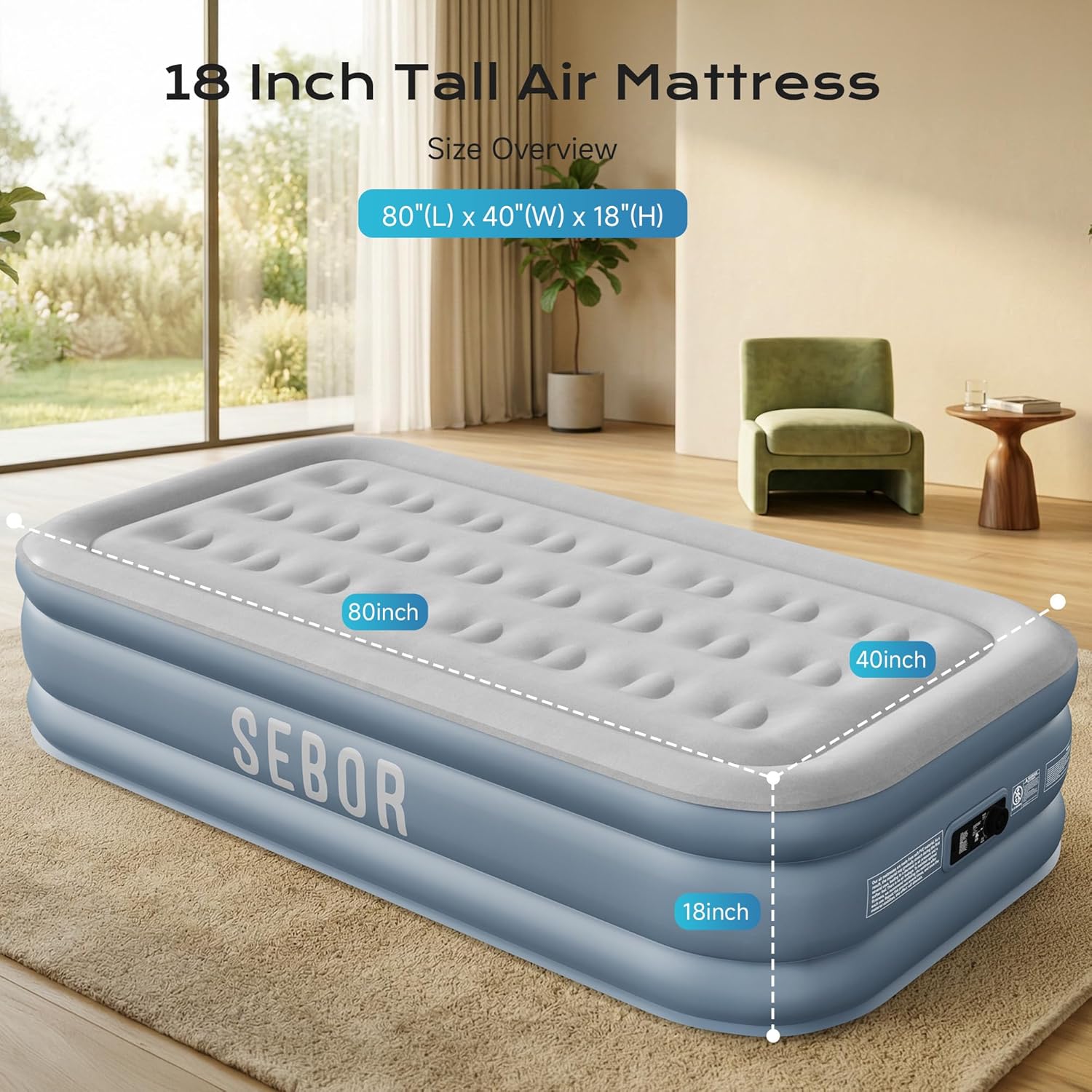 sebor air mattress twin with built-in pump 18", comfortable self-inflating blow up mattress with high-speed pump, durable twin size air mattress with storage bag for guests, moving, camping, travel 18" twin xl blue gray