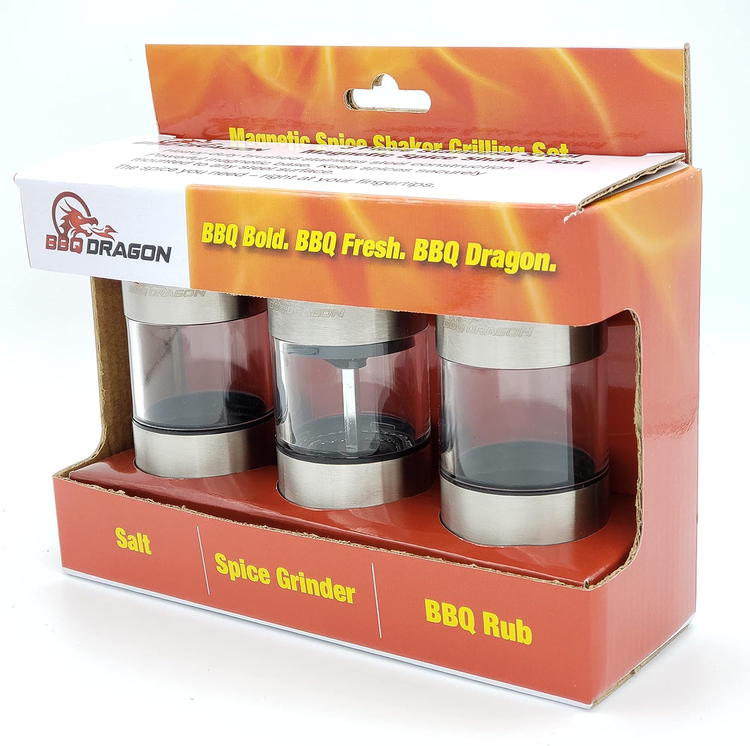 BBQ Dragon 3 Piece Salt and Pepper Shakers Set – Magnetic Stainless Steel Dispensers with Refillable Grinder – Adjustable Lids for Kitchen, Grill and Outdoor Cooking