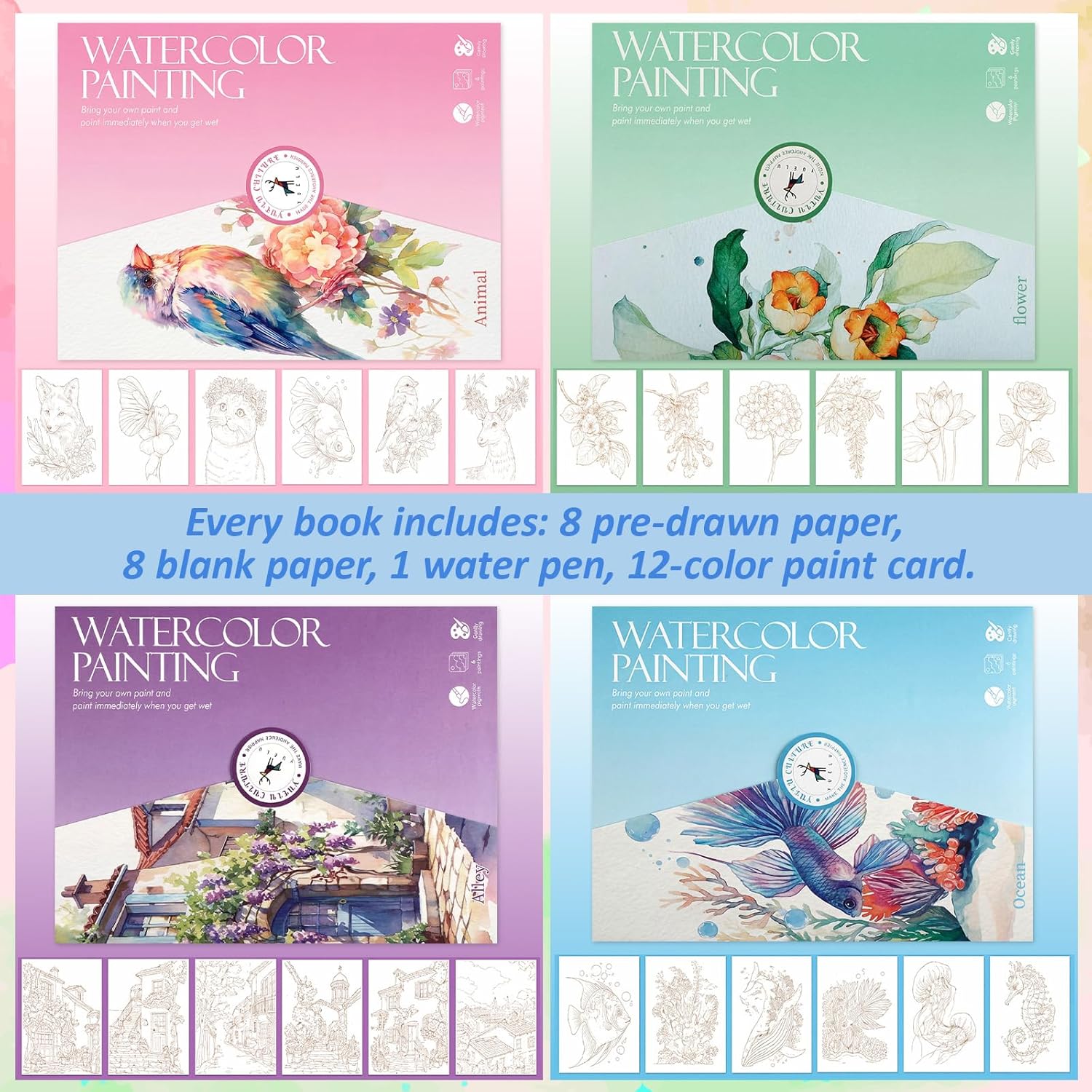 Dunzoom 24 Sheets Watercolor Coloring Book 4 Pack Water Color Workbook Paper Paint Set with 12 Colors Paint Cakes and Brushes for Adults Beginners Art Painting Supplies(Animals&Scenery)