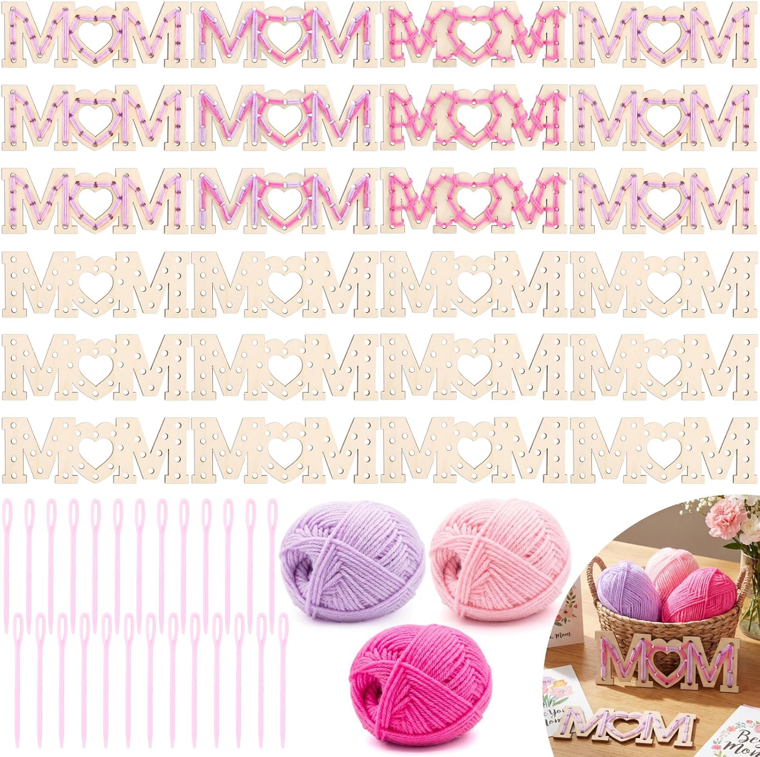 Kathfly 24 Sets Mother's Day Wooden Craft Kit, Wood Mom String Craft Ornaments with Yarn and Plastic Weaving Tools, DIY Lacing Art Hanging Decorations for Activities Handcraft Gifts