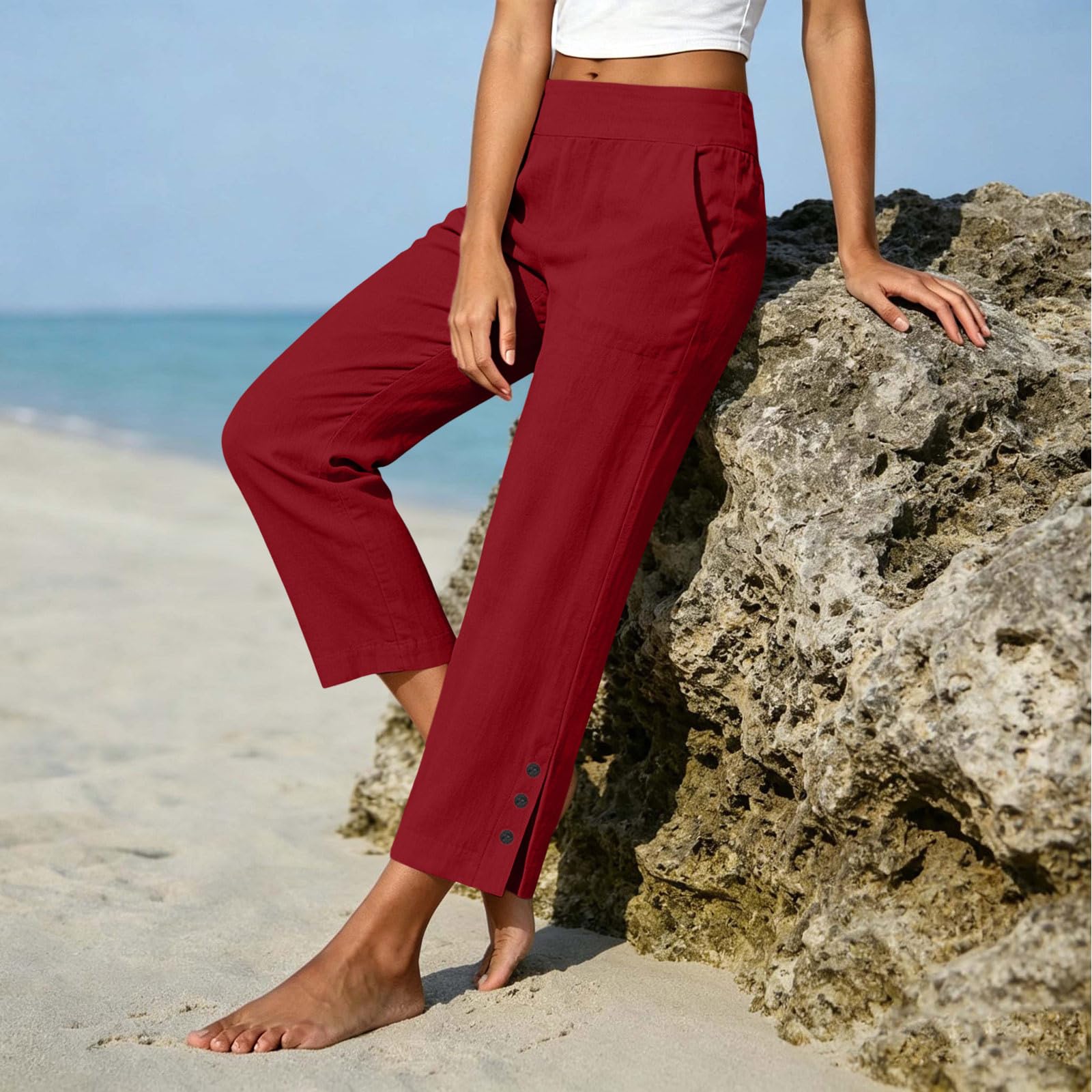 Pantalon Coton Et Lin pour Femme avec Taille Élastique Et Poches Côté - Pantalon Droit À Ouvertures Latérales Et Boutons, Idéal comme Pantalons Casual pour La Vie Quotidienne Et Les Balades