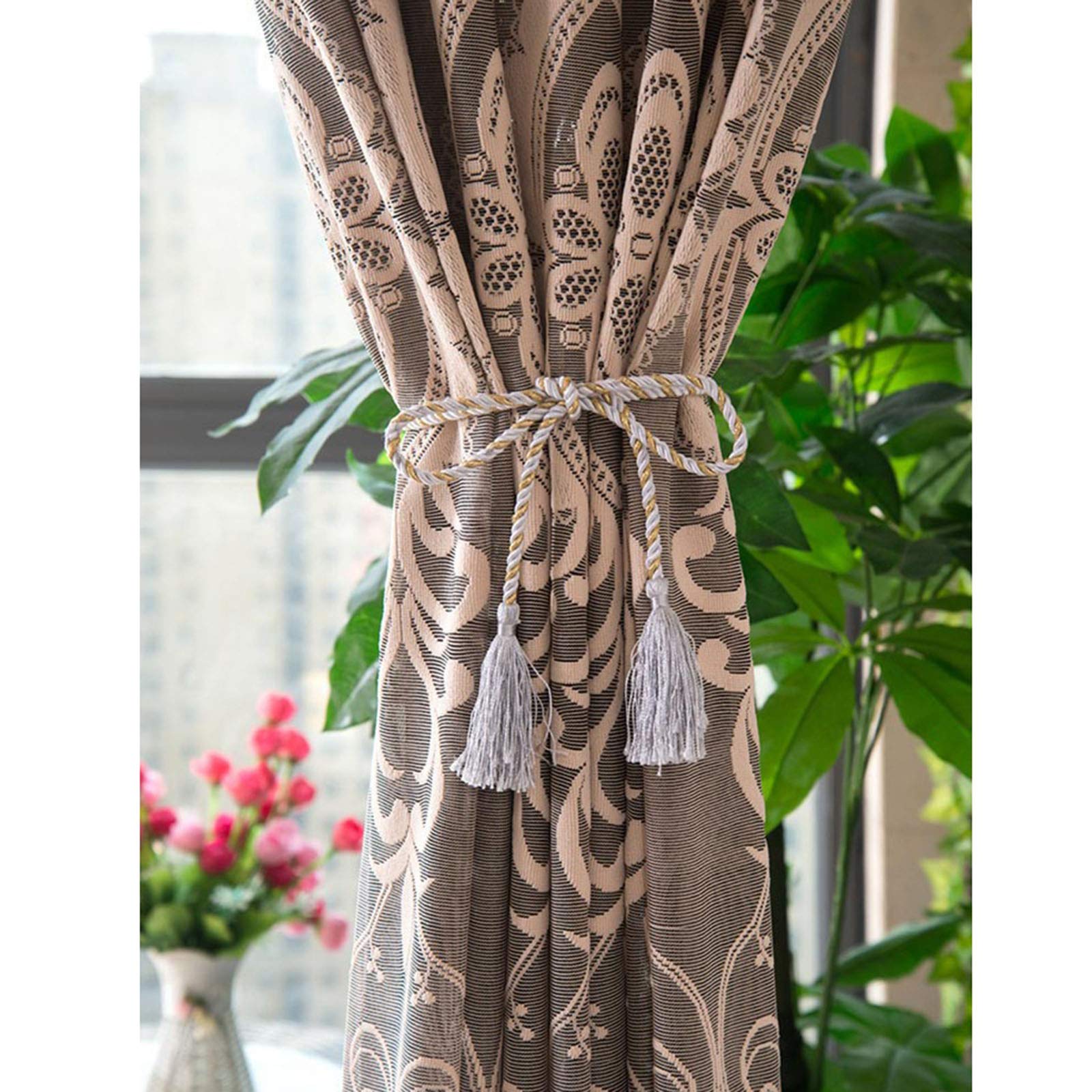 Eleganckie bawełniane zasłony żeglarskie, dekoracyjne zasłony tiulowe, salon, sypialnia, balkon, żakardowe, przezroczyste zasłony, przelotki, kolor curry, 350 x 270 cm, 1 szt