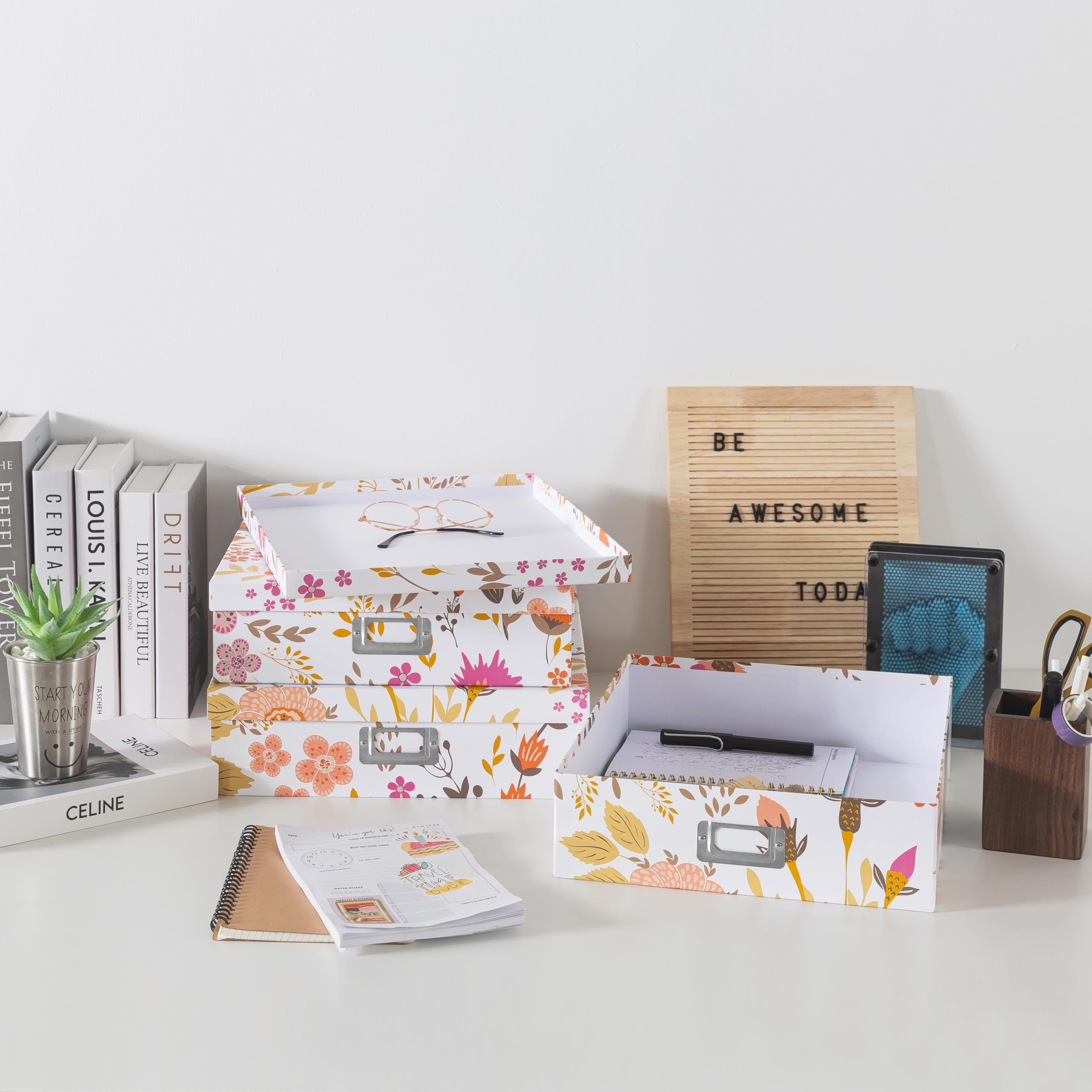 Juego de 3 cajas de cartón decorativas para collage floral con tapas, para recuerdos y fotos, almacenamiento de cartas para documentos, álbumes de recortes, organización 5