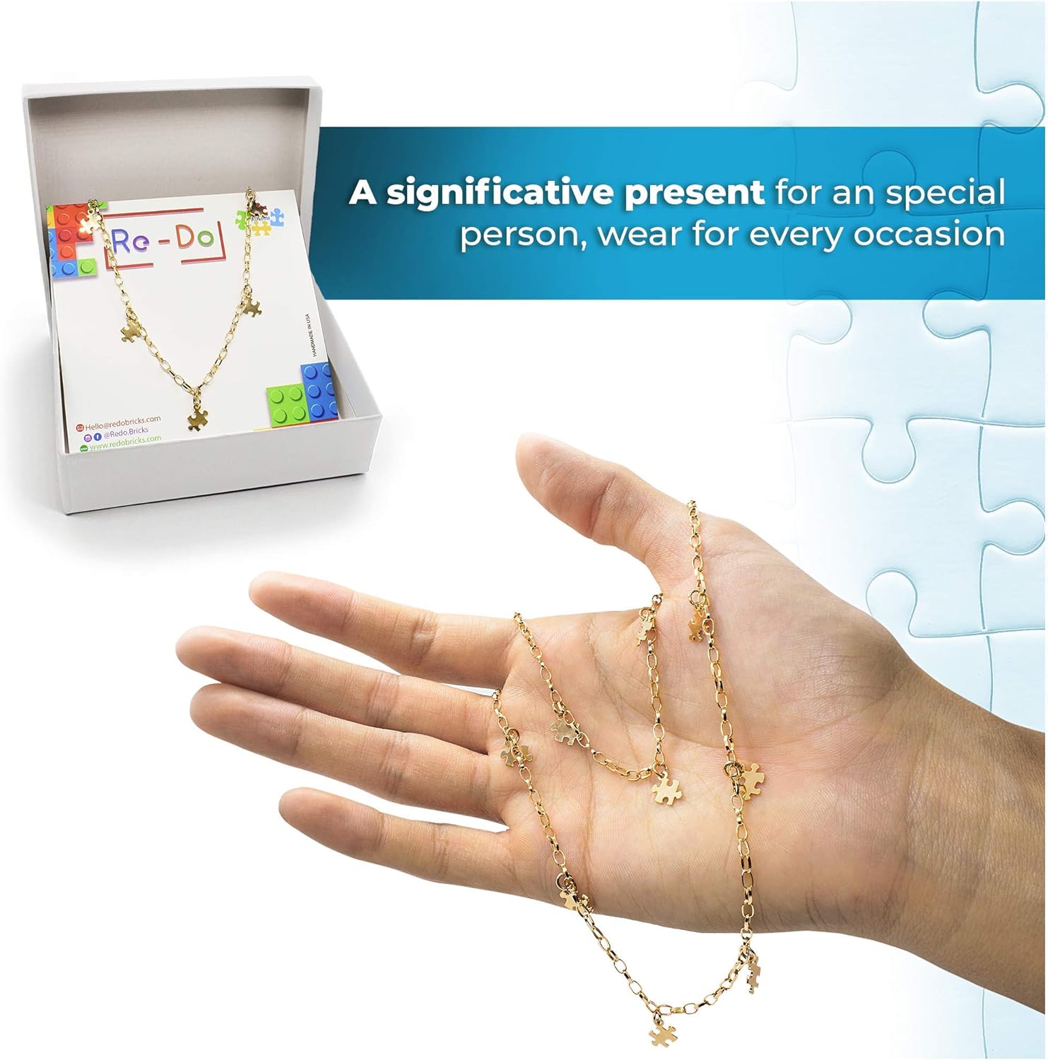RE-DO BRICKS Autism Awareness Gold Plated Chain with Puzzles Charms A Great touching Gift To Support TEA Community, Therapists, family&friends - Shiny, Unique and Elegant.