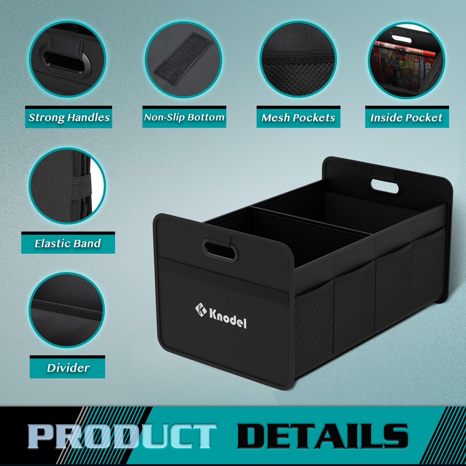 K KNODEL Car Trunk Organizer, Foldable Organizer for Car, Automotive Consoles & Organizers, Storage with Reinforced Handles (Small, Black)