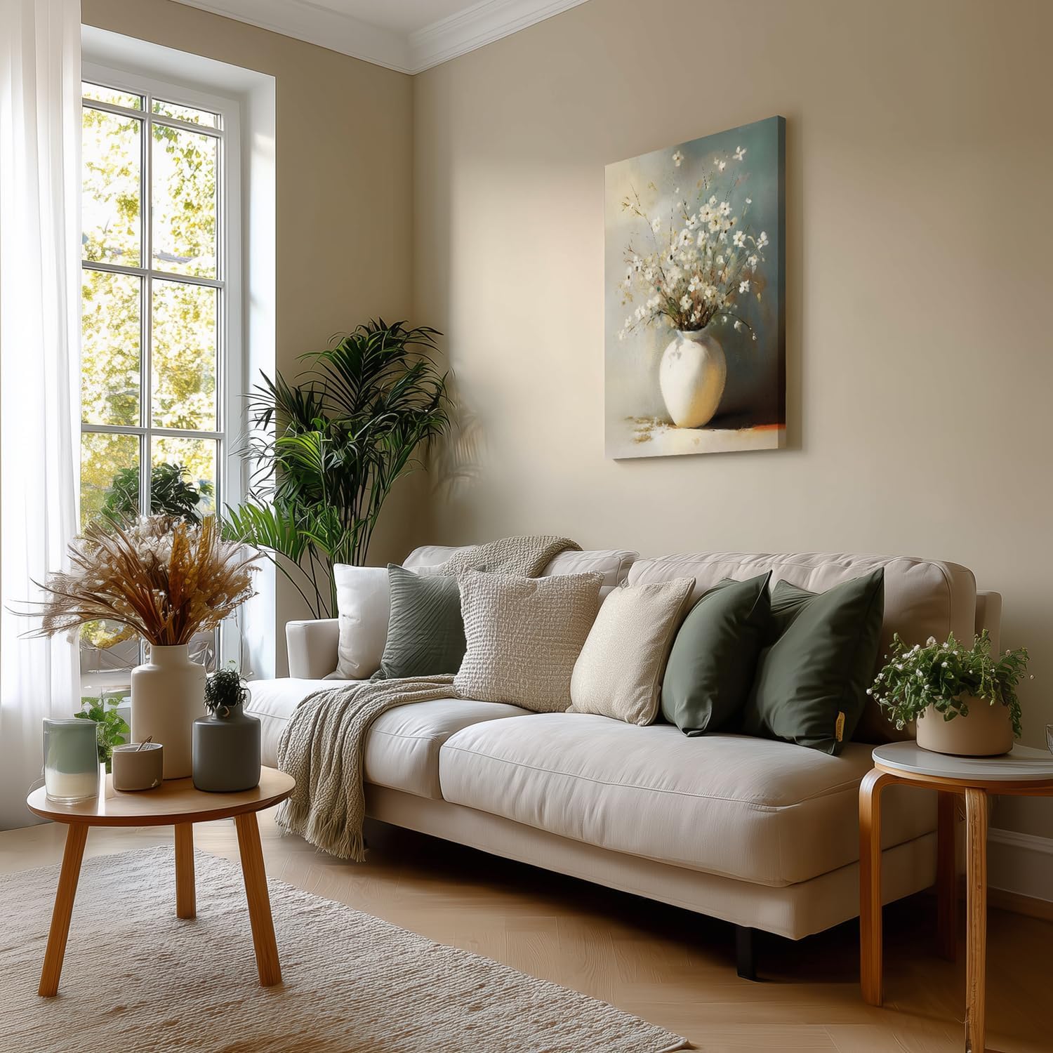 HLXRAE Framed White Floral Wall Art, Rustic Farmhouse Bathroom Wall Decor, Soft Neutral Wildflower Still Life Canvas Print, Minimalist Botanical Aesthetic Picture for Bedroom Laundry 16x24 Inch