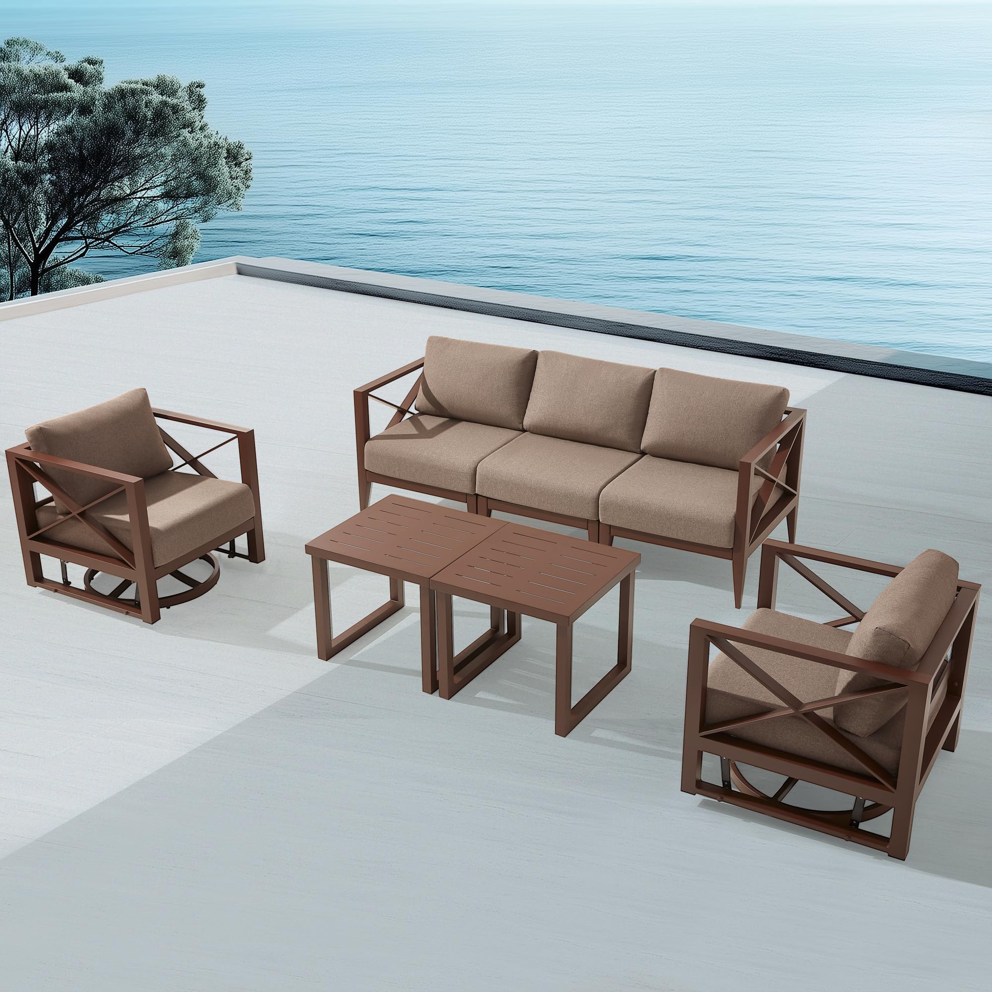 MBY Aluminum Patio Furniture Set, 5-Seat Outdoor Conversation Set with 2 Swivel Rocking Chairs & 2 Coffee Tables, Weather-Resistant Sofa Set for