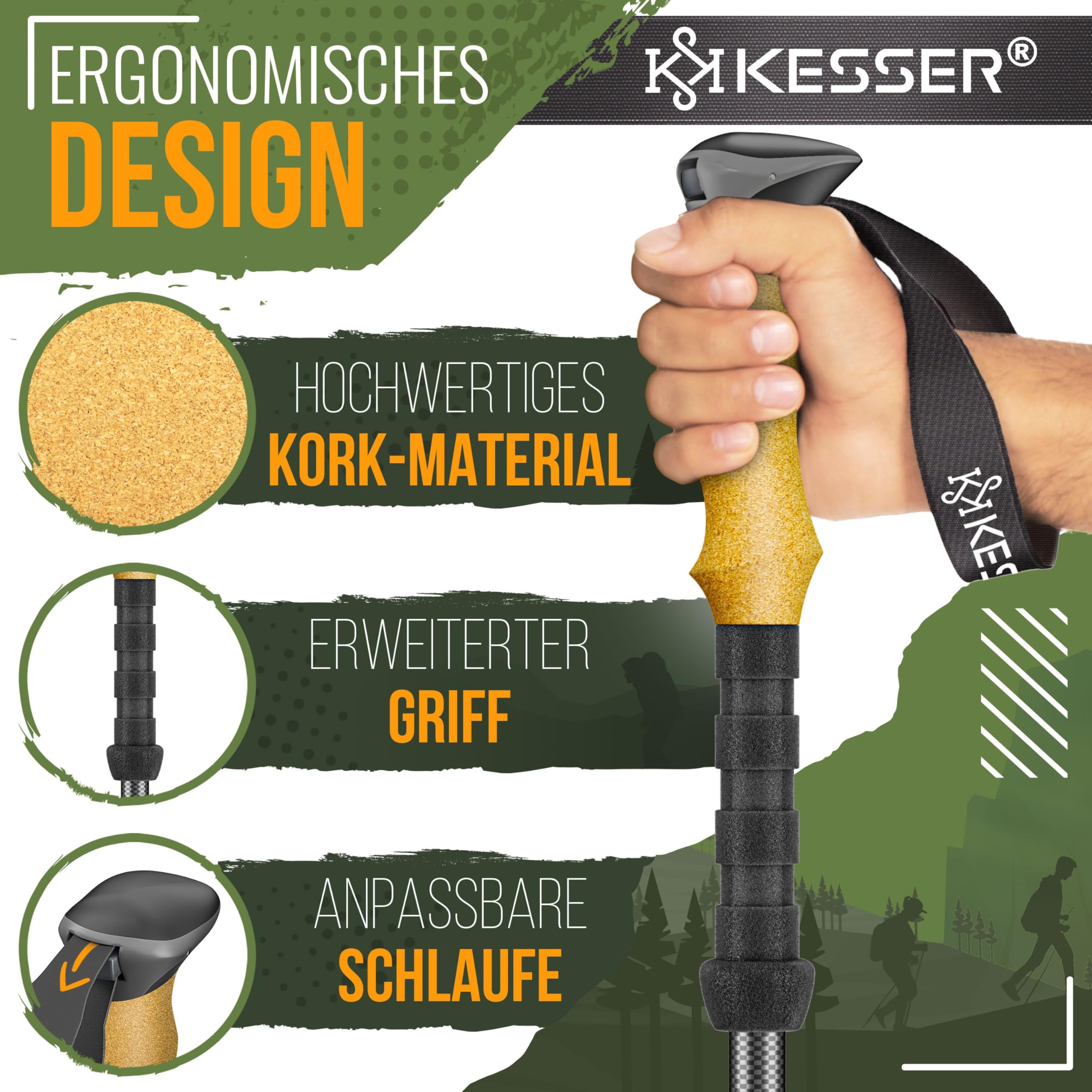 KESSER Bastoncini da trekking in alluminio o carbonio con manico in sughero | Bastoncini da nordic per uomo e donna pieghevoli o telescopici per escursionismo, trekking, sci e sport