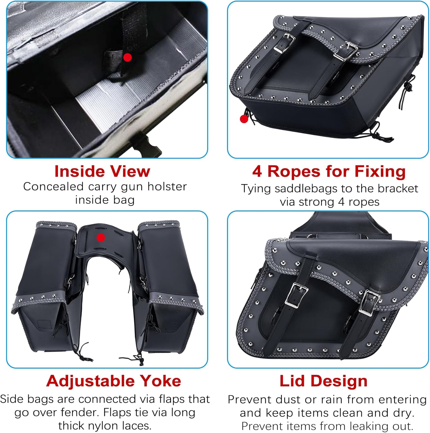 Dream Apparel Faux Leather Motorcycle Saddle Bags Studded Throw Over Saddlebags, PVC Motorcycle Side Bags for Honda Shadow Sportster Softail Dyna V-star (Black and Grey)