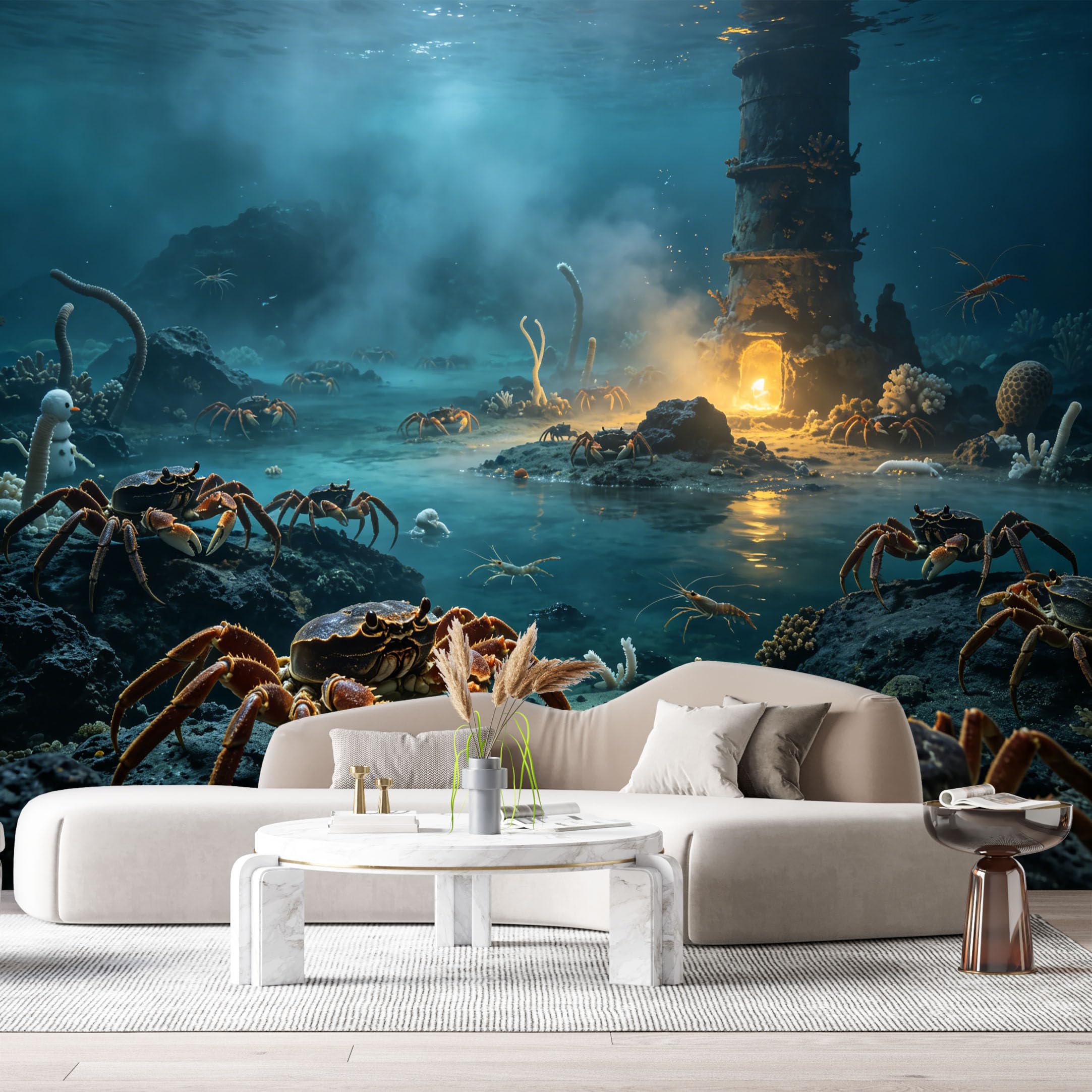 Custom Size Wall Murals Ocean Marine 3D Trompe L'Oeil Underwater Lighthouse Crabs Seascape SelfAdhesiveWall Fabric Removable Wallpaper Wall Decor for Living Room Bedroom Bathroom