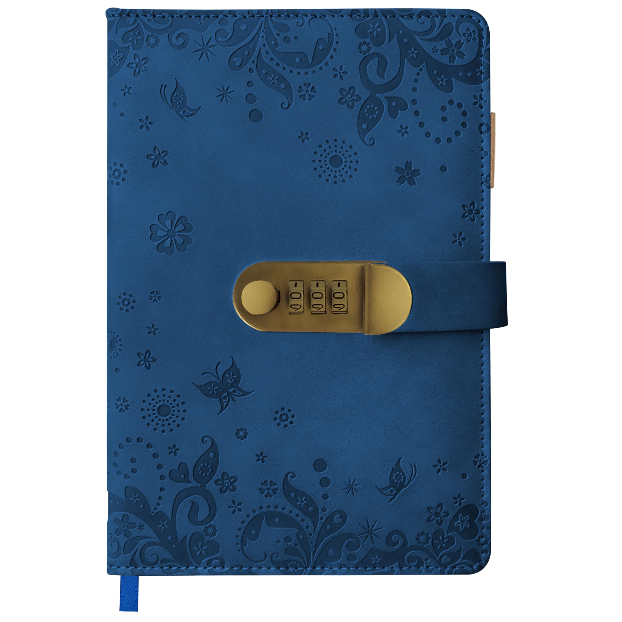 Qefuna Tagebuch mit Schloss, A5 PU Leder Liniert Journal mit Geprägter 200 Seiten, 100Gsm Papier,Cashewblüte Vintage Lock Journal, Abschließbares Tagebuch für Erwachsene-Blau