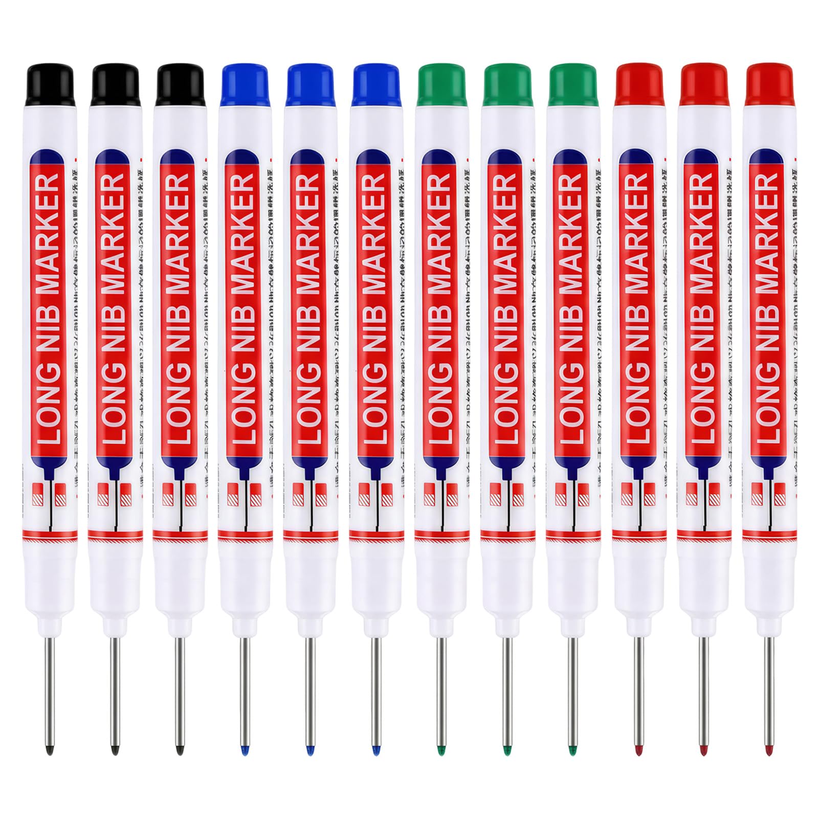 Witflew 12 Pcs Long Head Deep Hole Marker Pens Waterproof Multi Purpose for Woodworking Construction Tile Marking on Metal Wood Glass Plastic Assorted Colors Black Blue Red Green