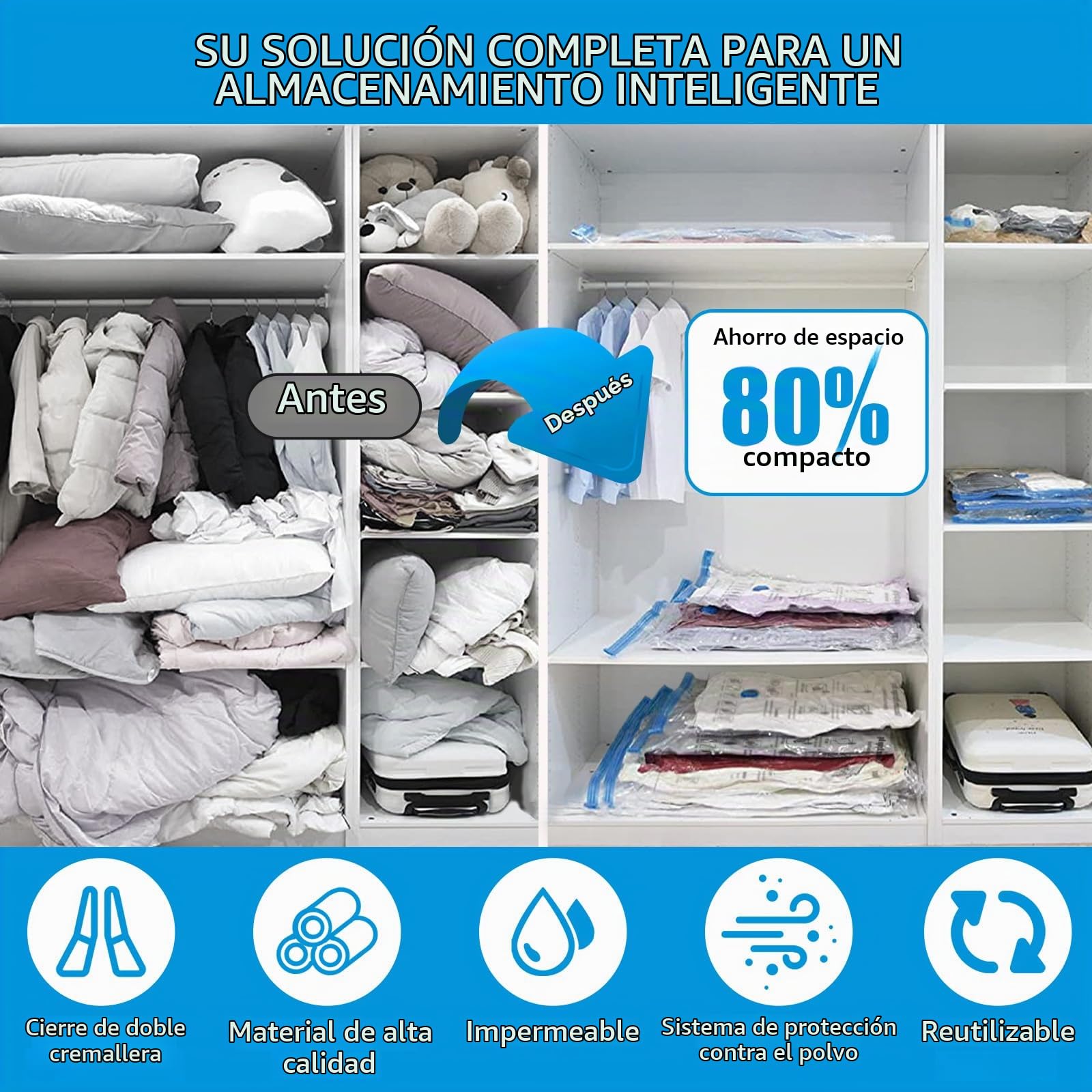 BoxLegend 25 Piezas Bolsas Vacio Ropa, Bolsa de Vacio Para Ropa 2 Jumbo + 3 Extra Grandes + 7 Grandes + 7 Medianas + 6 Pequeñas Perfectas Para Viajes Cama Almohadas Mantas Sábanas Edredones