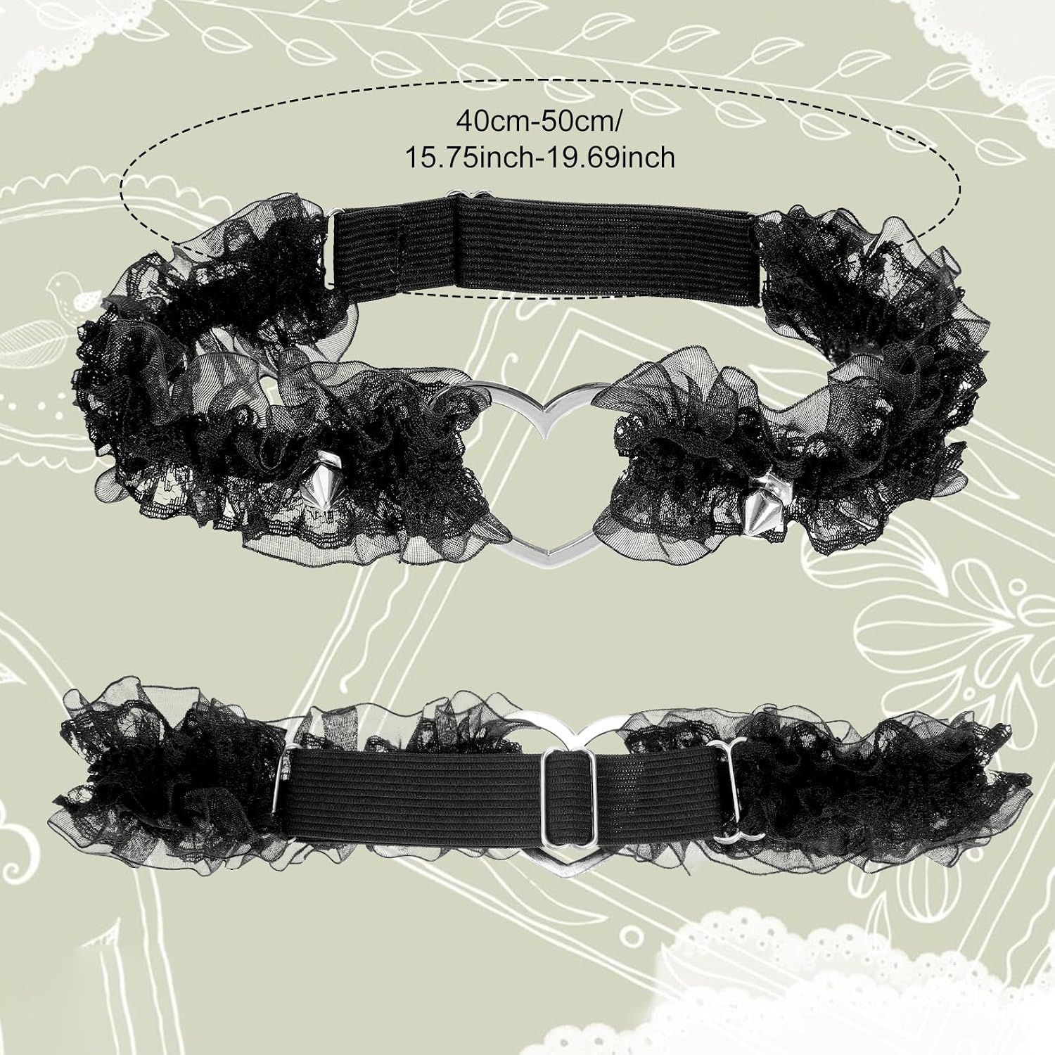 2 Pcs Heart Garter, Adjustable Elastic Thigh Garters Lace Heart Leg Garter Belt For Women, Black (16cm Diameter)