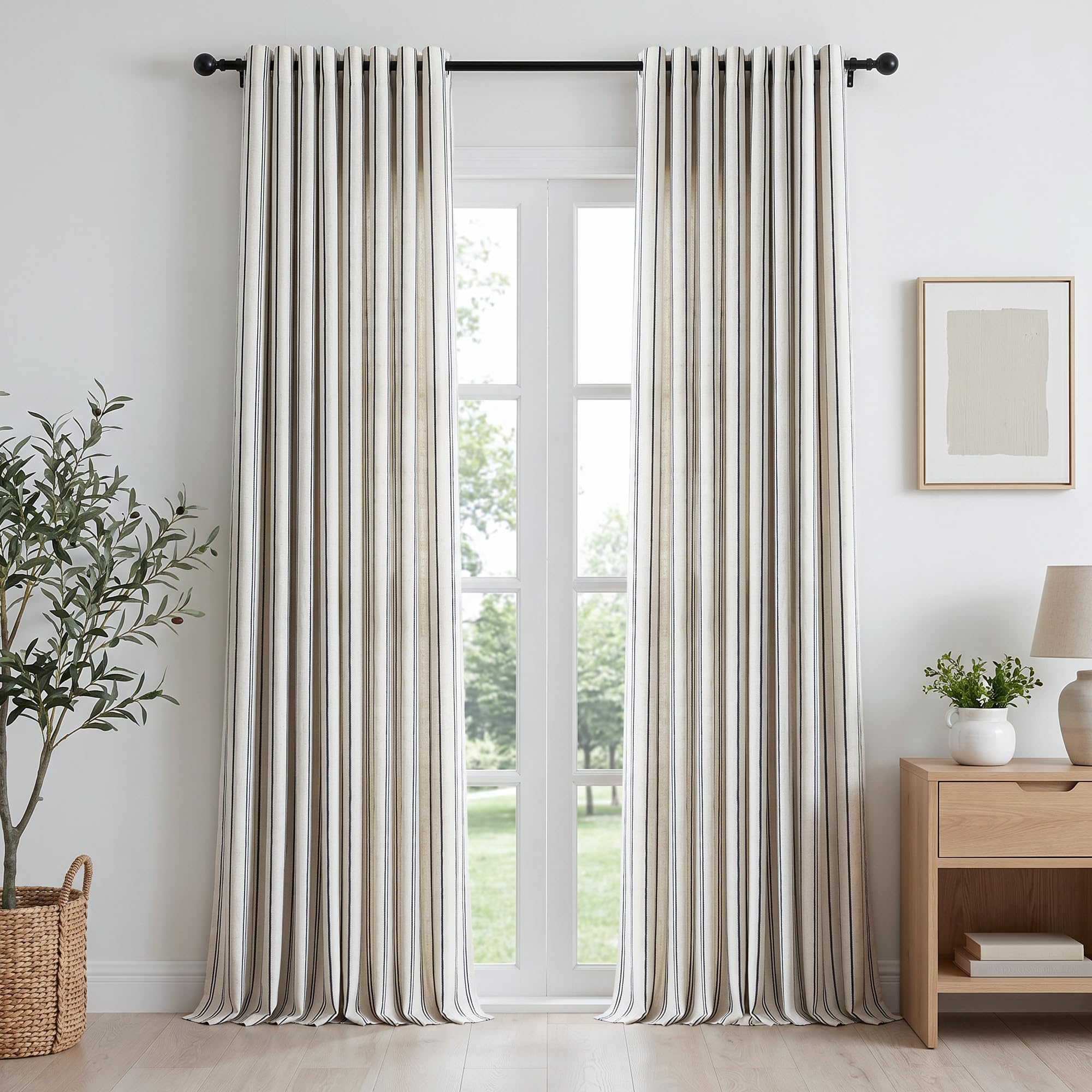 Vorhänge Gardinen Ösen Beige mit Schwarz Streifen Leinenoptik 245cm 2er