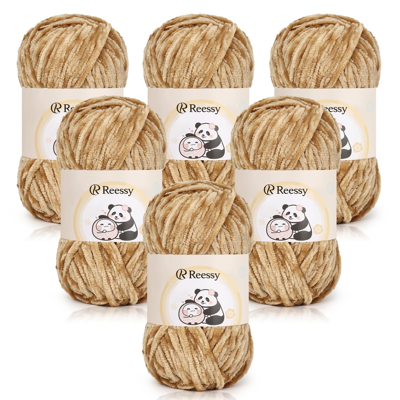 Reessy Chenille Yarn 600g(6×100g), Super Soft Fluffy Velvet Yarn Set, Thick Yarns Knitting Wool for Knitting and Crochet Amigurumi, Handbag, Blankets, DIY(Light Khaki)