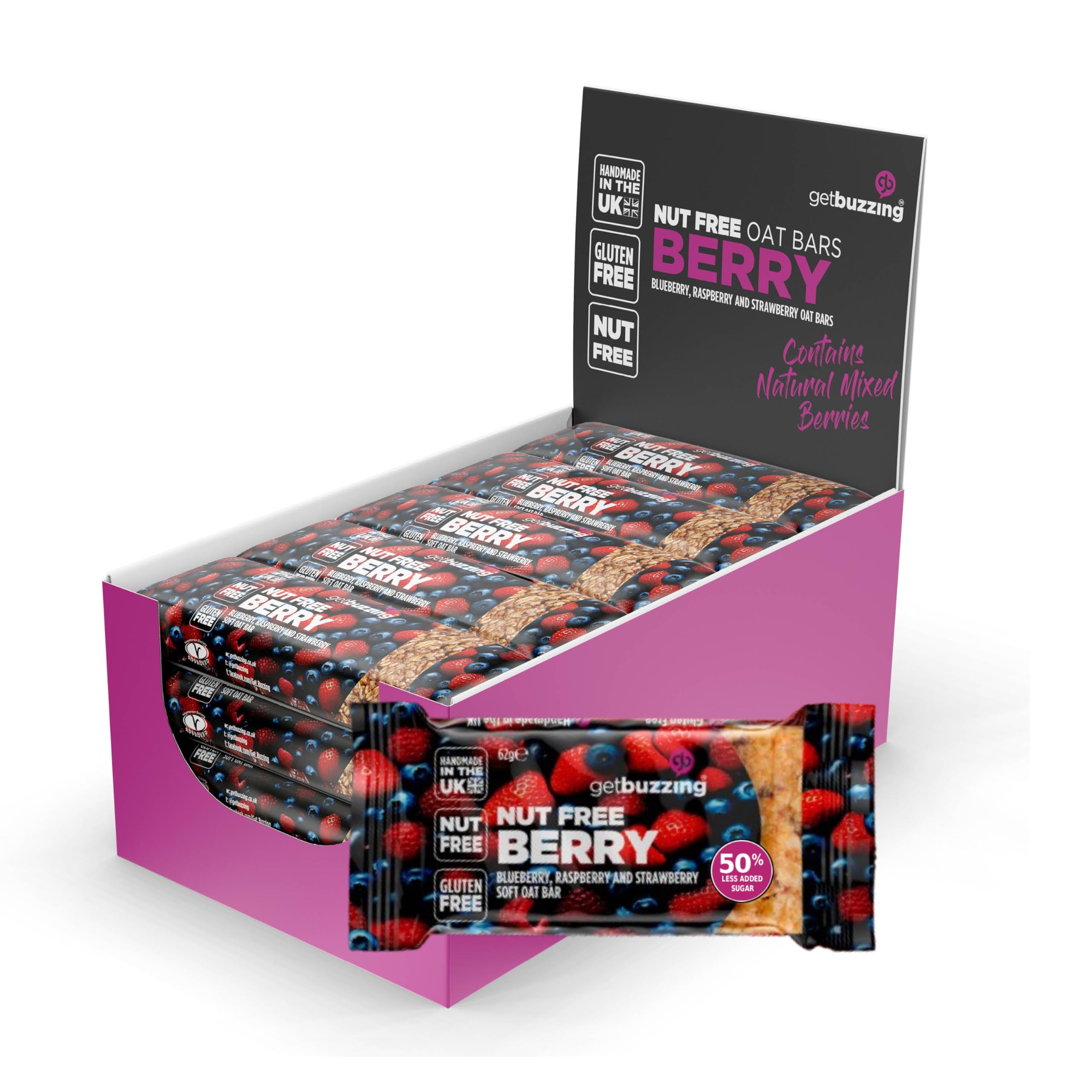 Getbuzzing Nut Free Oat Flapjack Healthy Snack & Energy Bars - Running,Gym, Cycling - Breakfast Snack - Made in the UK - Berry Pack of 20