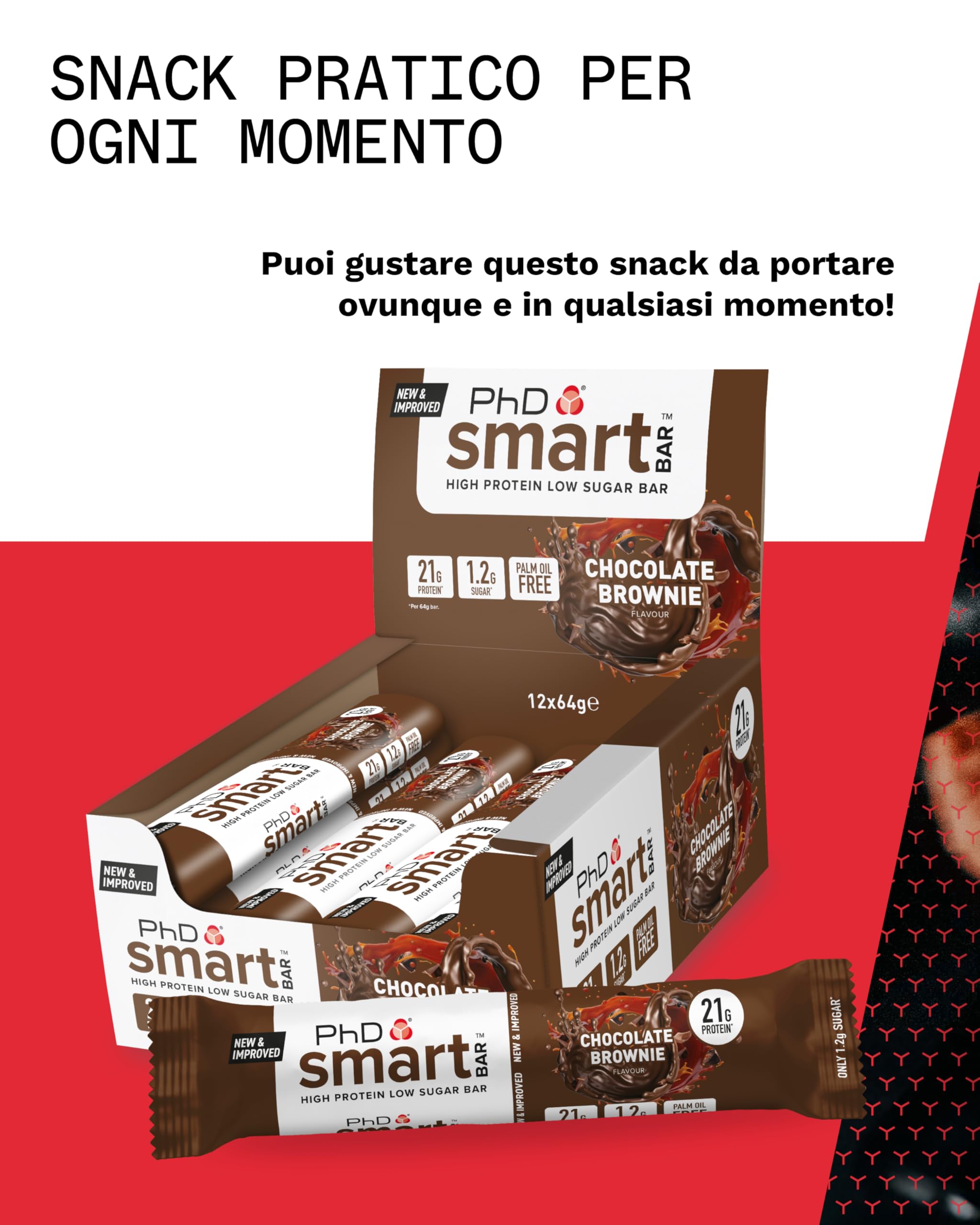 PhD Nutrition Smart Bar Barrette Proteiche Brownie al Cioccolato 12 x 64g - Snack ad alto contenuto proteico con 21g di proteine e poco zucchero, Barretta proteica amica dei macro