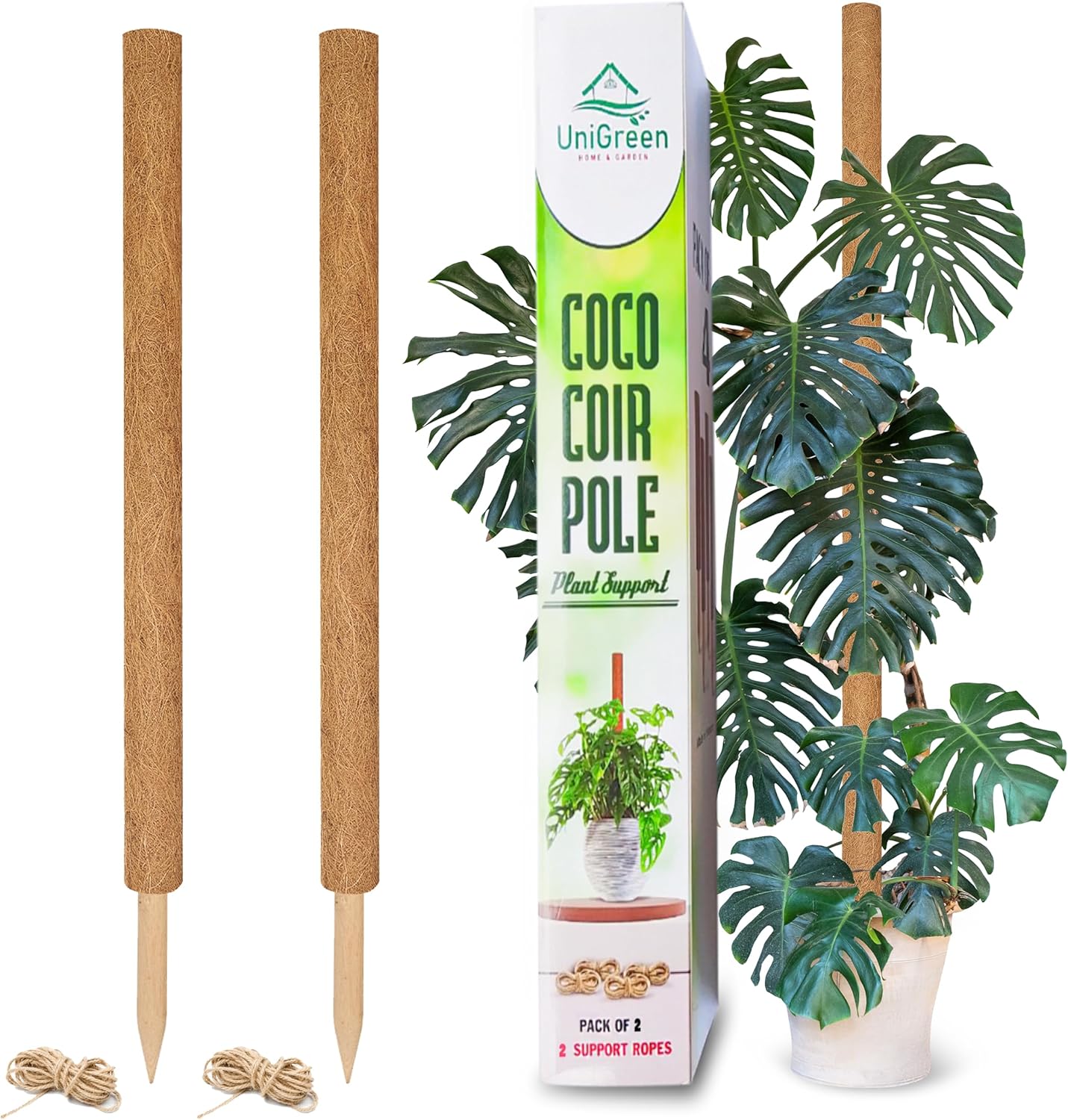 UNIGREEN 2Pack 87'' Large Premium Moss Pole, Coir Totem Poles for Big Indoor Plants, 47'' Moss Sticks for Monstera Plant Support, Plant Pole for Big Climbing Plants Indoor 2Pack 47'' (Stackable)