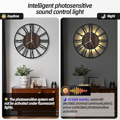 Miniatura 2 de LEIKE Relojes de pared grandes con luz nocturna, funciona con pilas, silencioso, sin tictac, reloj rústico y moderno de madera grande para sala de